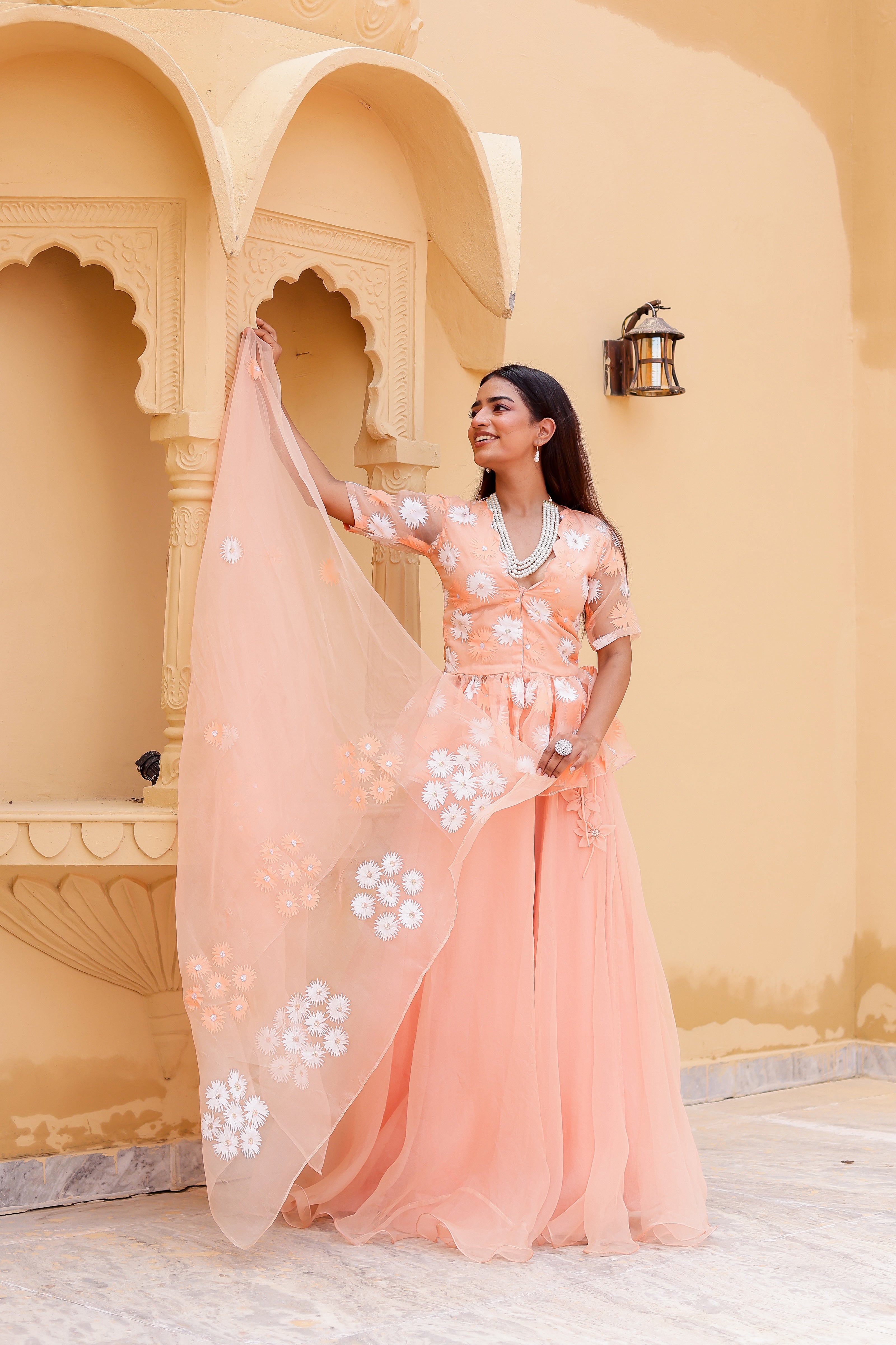 Raag Madhuwanti (Handpainted Peach Pure Organza Lehenga)