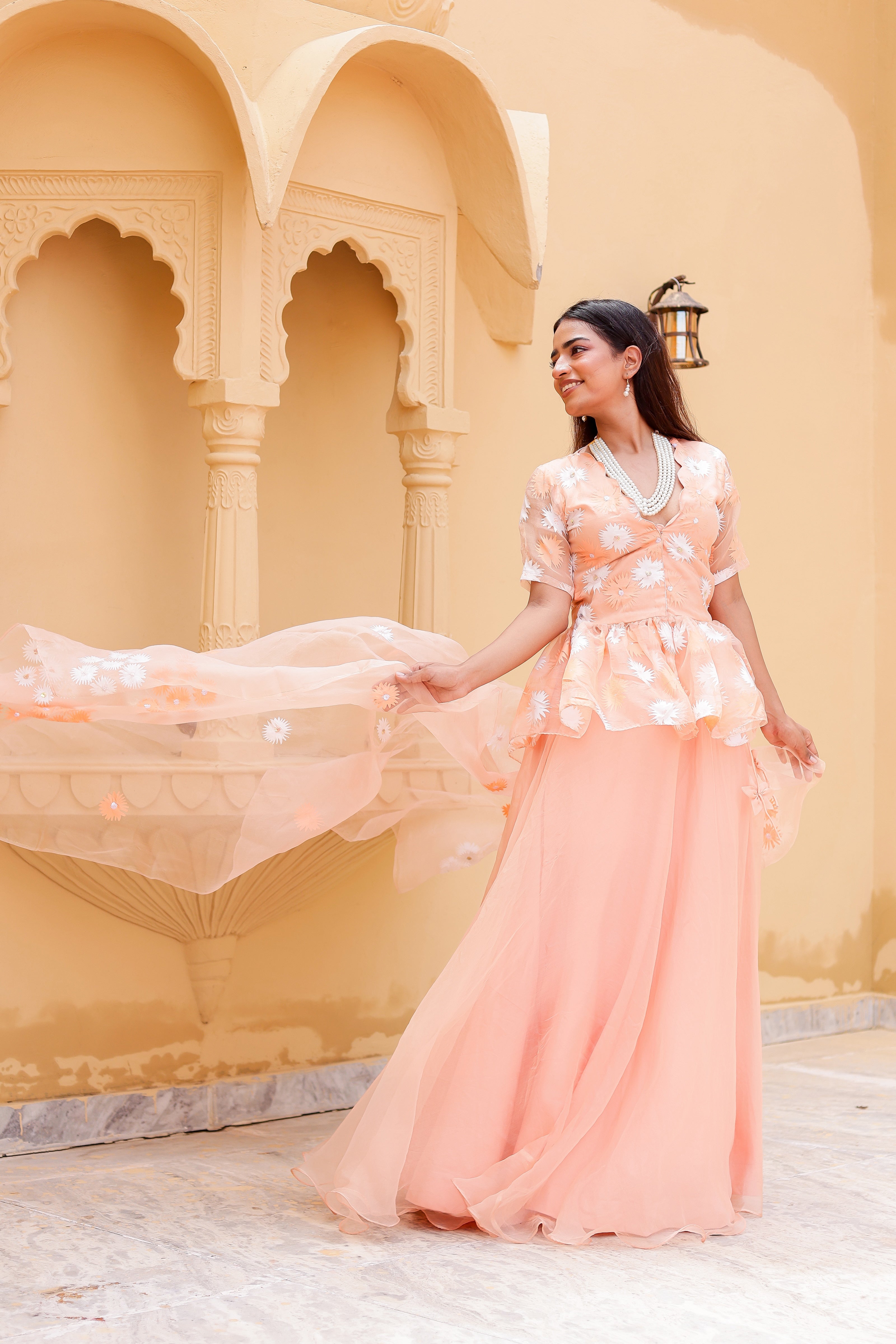 Raag Madhuwanti (Handpainted Peach Pure Organza Lehenga)