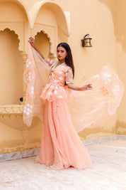 Raag Madhuwanti (Handpainted Peach Pure Organza Lehenga)