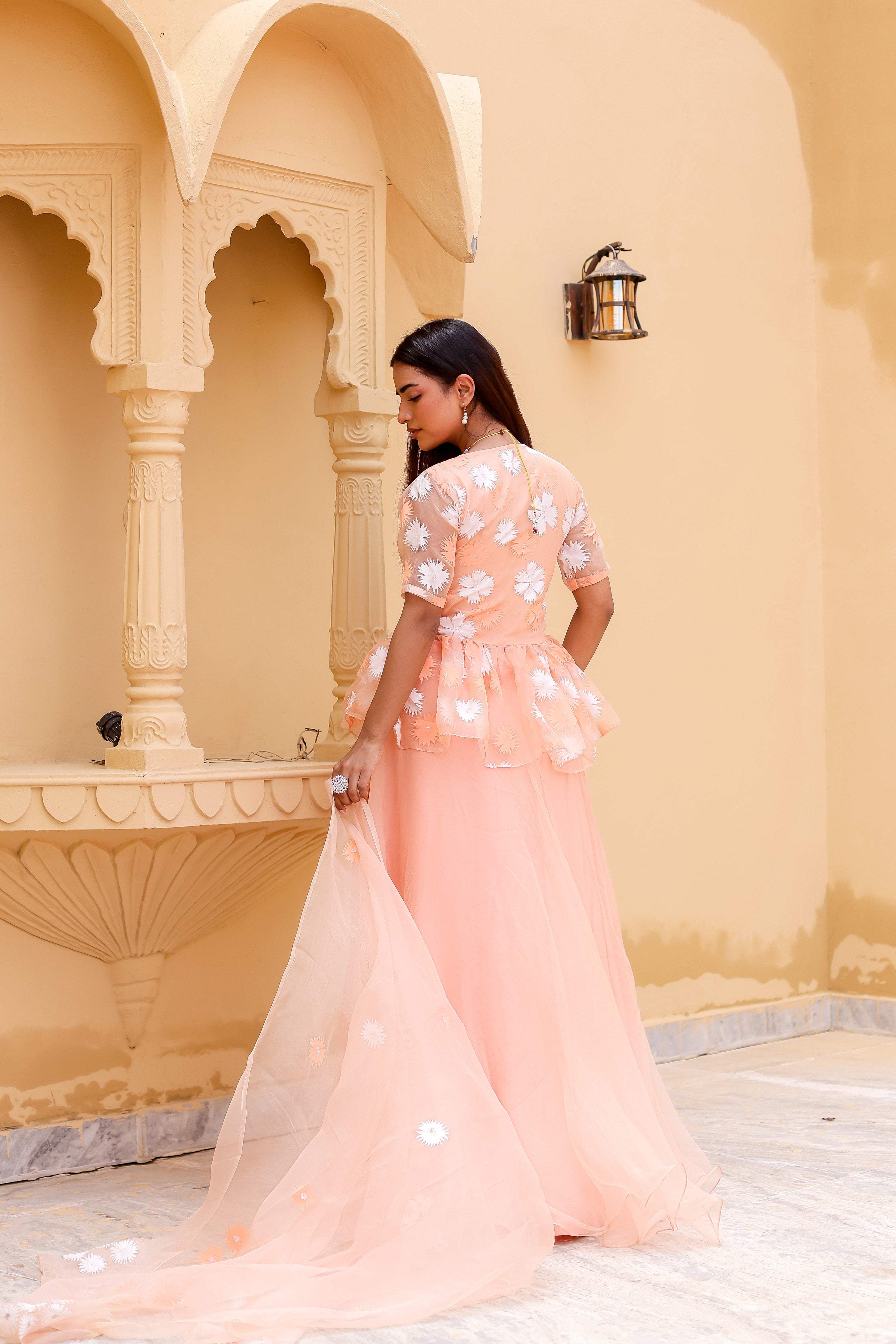 Raag Madhuwanti (Handpainted Peach Pure Organza Lehenga)