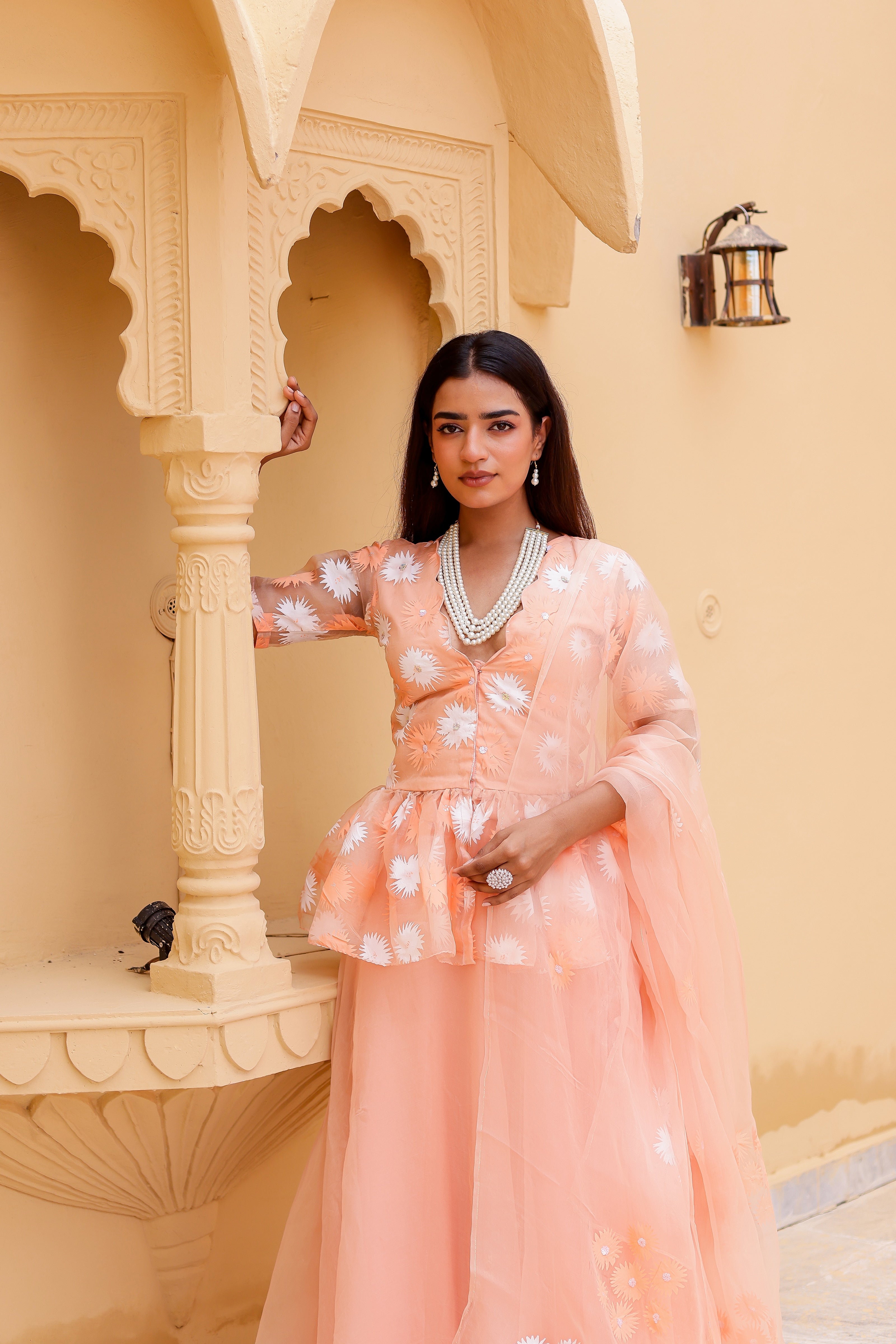 Raag Madhuwanti (Handpainted Peach Pure Organza Lehenga)