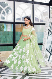 Raag Miyan ki Malhar (Handpainted Pastel Green Pure Organza Lehenga)