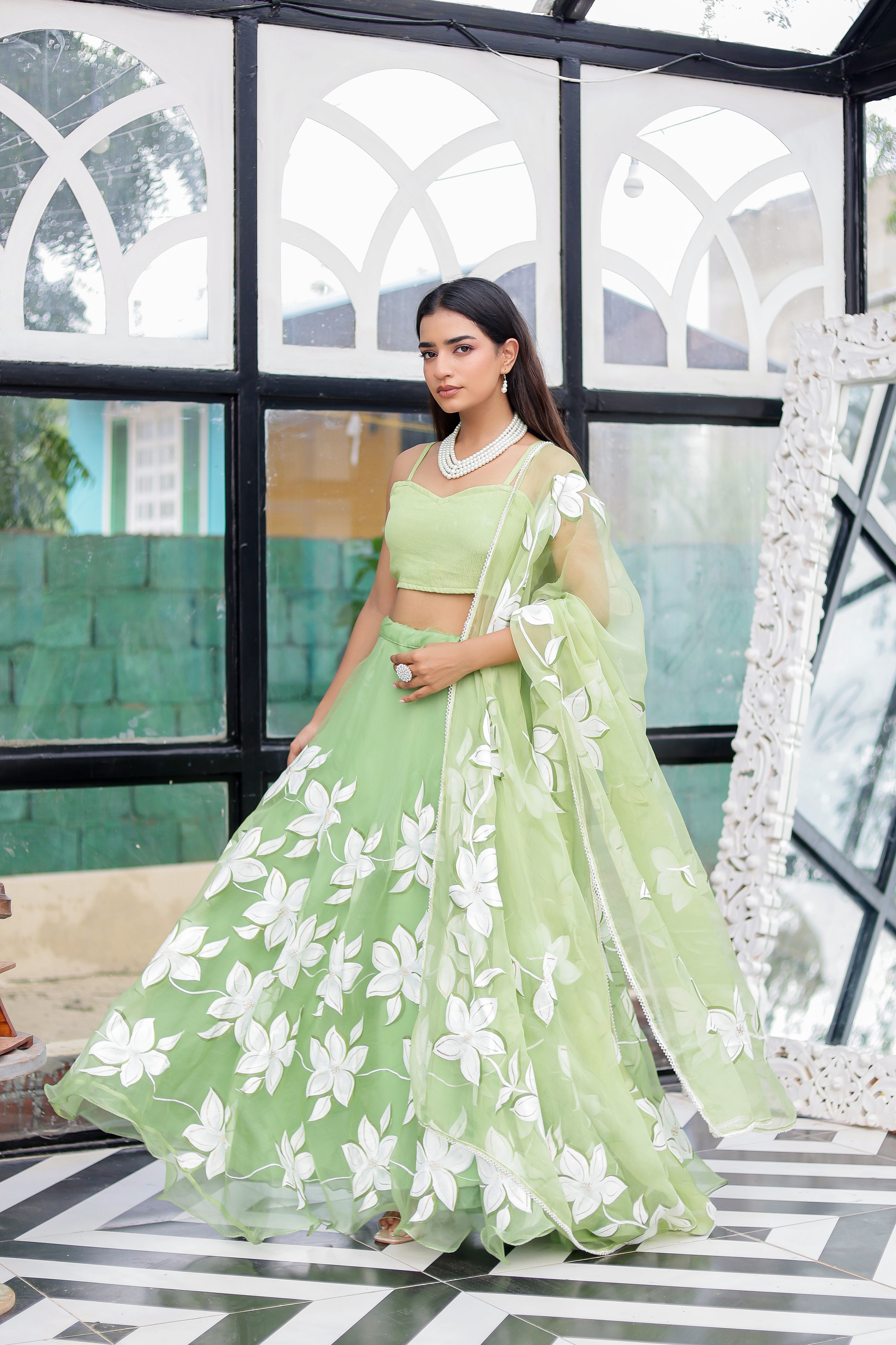 Raag Miyan ki Malhar (Handpainted Pastel Green Pure Organza Lehenga)