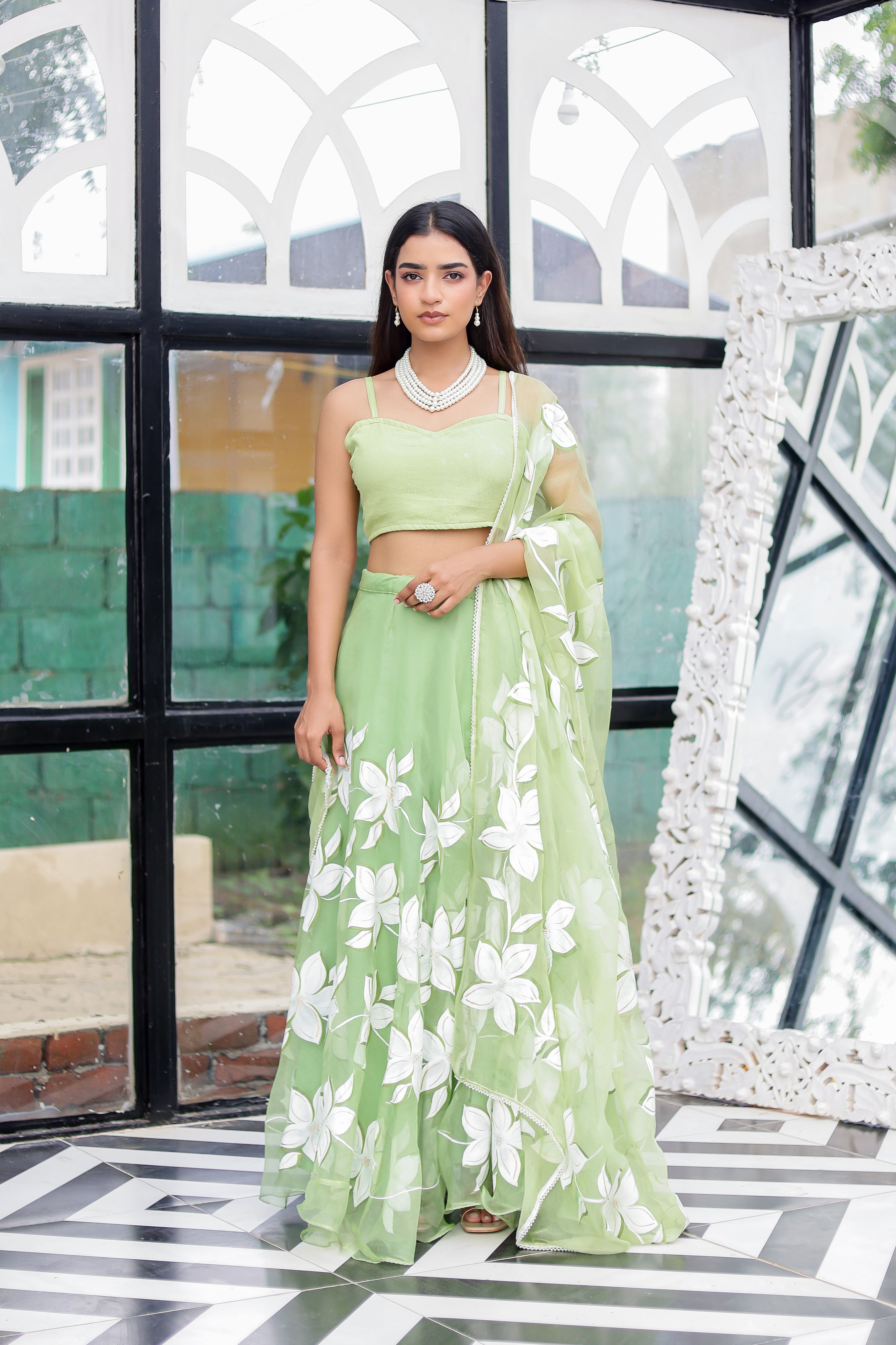 Raag Miyan ki Malhar (Handpainted Pastel Green Pure Organza Lehenga)