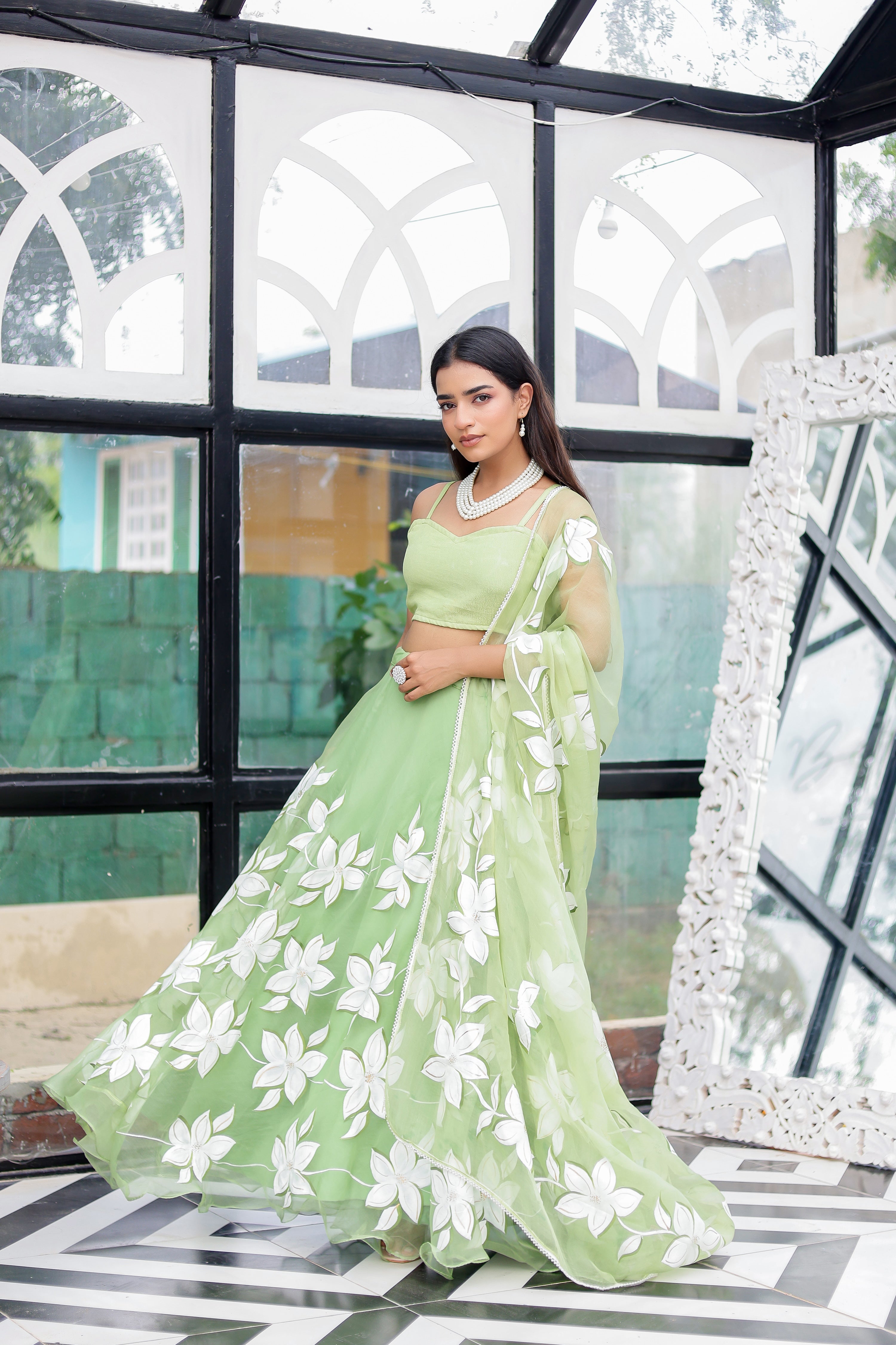 Raag Miyan ki Malhar (Handpainted Pastel Green Pure Organza Lehenga)
