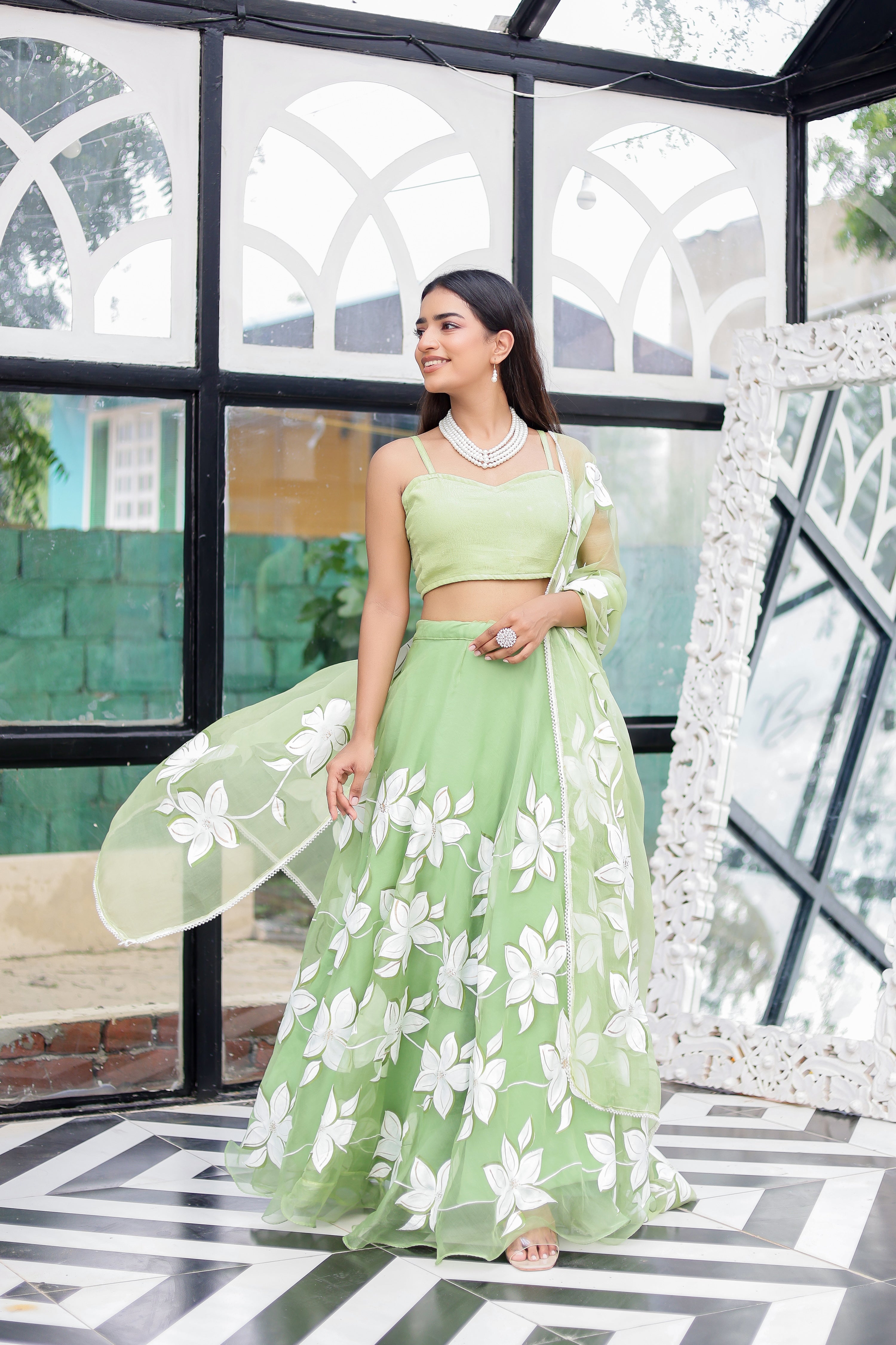 Raag Miyan ki Malhar (Handpainted Pastel Green Pure Organza Lehenga)