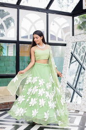 Raag Miyan ki Malhar (Handpainted Pastel Green Pure Organza Lehenga)