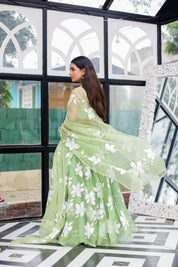 Raag Miyan ki Malhar (Handpainted Pastel Green Pure Organza Lehenga)