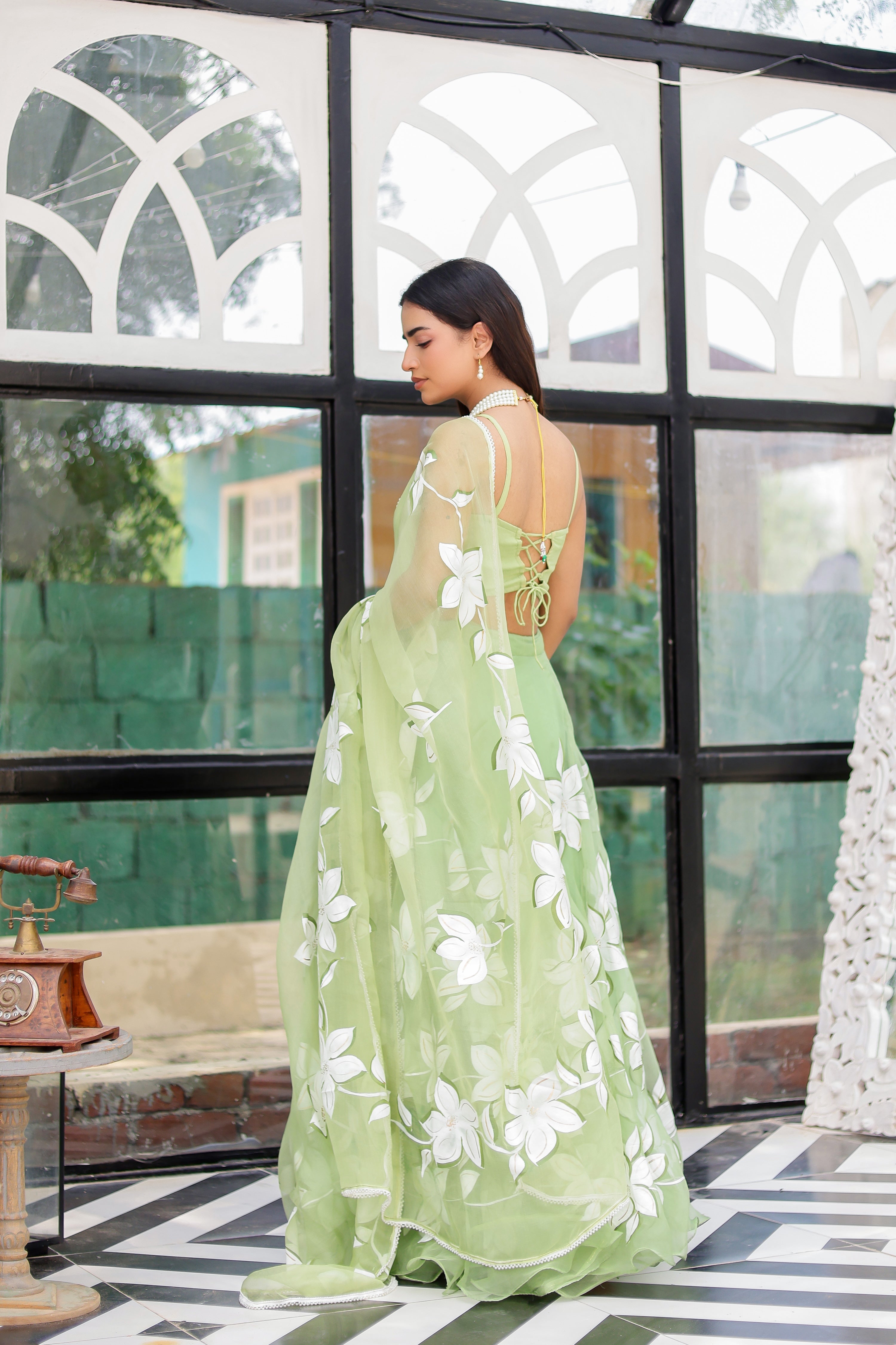 Raag Miyan ki Malhar (Handpainted Pastel Green Pure Organza Lehenga)