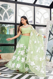 Raag Miyan ki Malhar (Handpainted Pastel Green Pure Organza Lehenga)