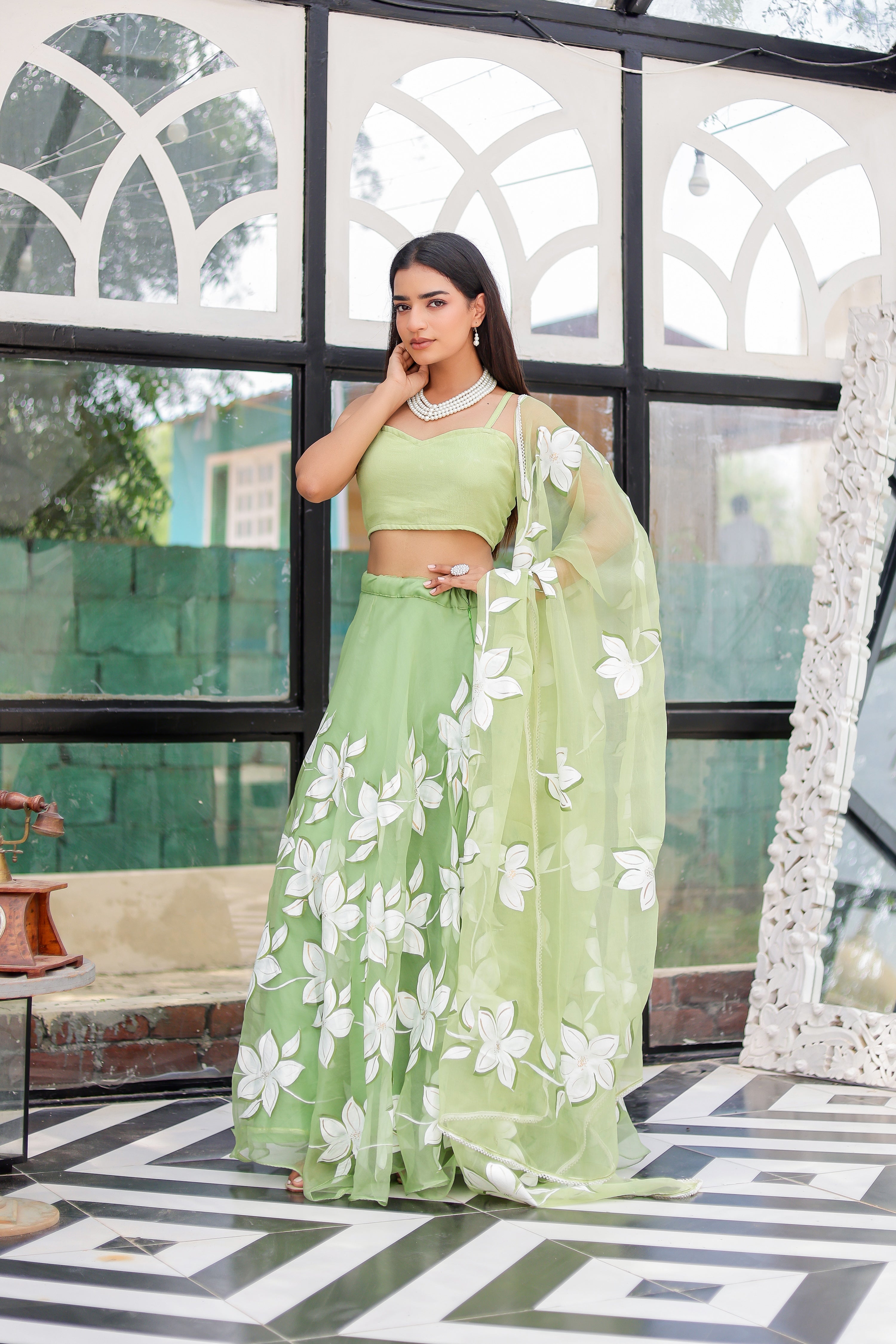 Raag Miyan ki Malhar (Handpainted Pastel Green Pure Organza Lehenga)