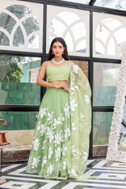 Raag Miyan ki Malhar (Handpainted Pastel Green Pure Organza Lehenga)