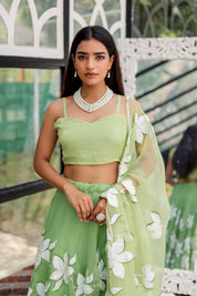 Raag Miyan ki Malhar (Handpainted Pastel Green Pure Organza Lehenga)