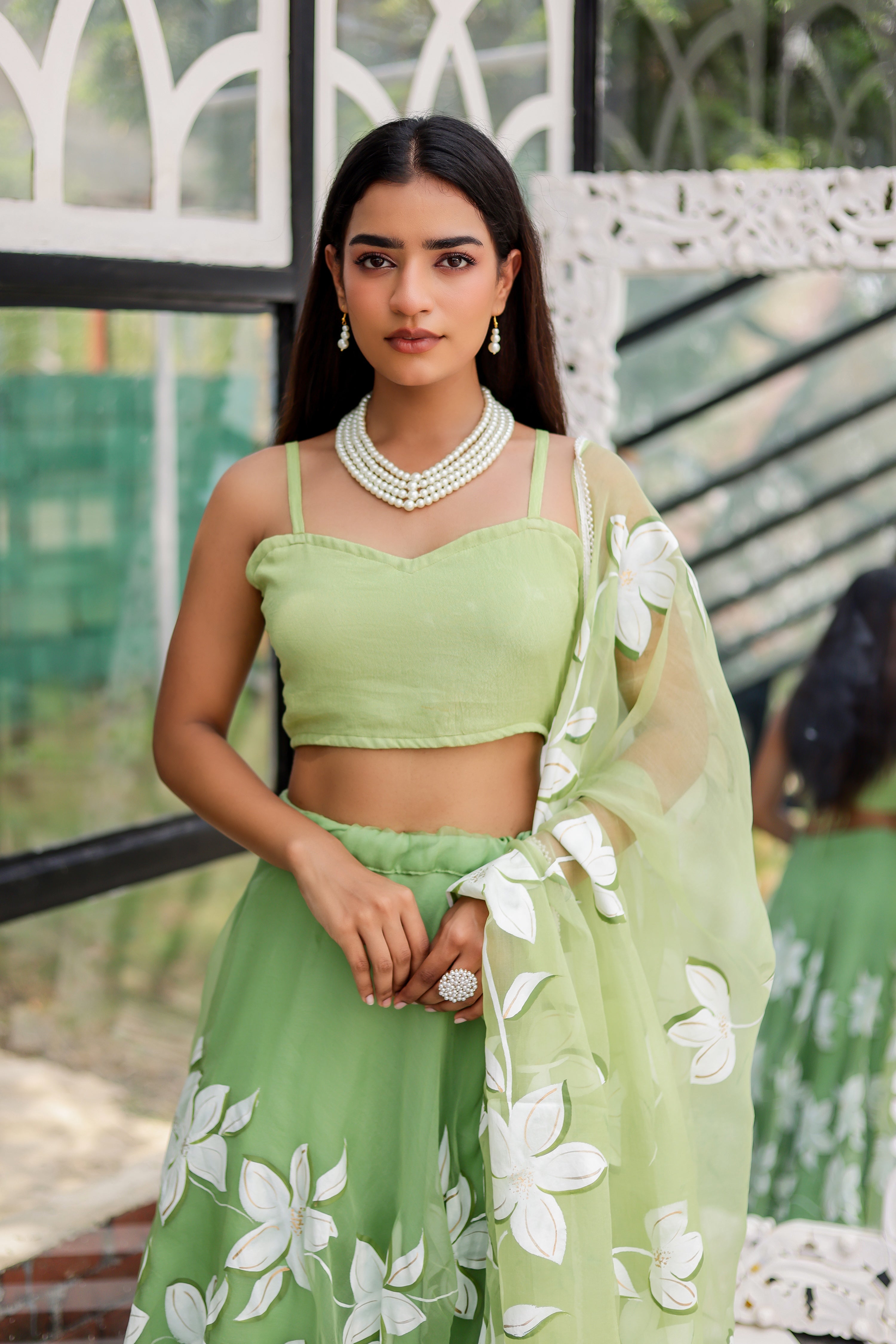 Raag Miyan ki Malhar (Handpainted Pastel Green Pure Organza Lehenga)