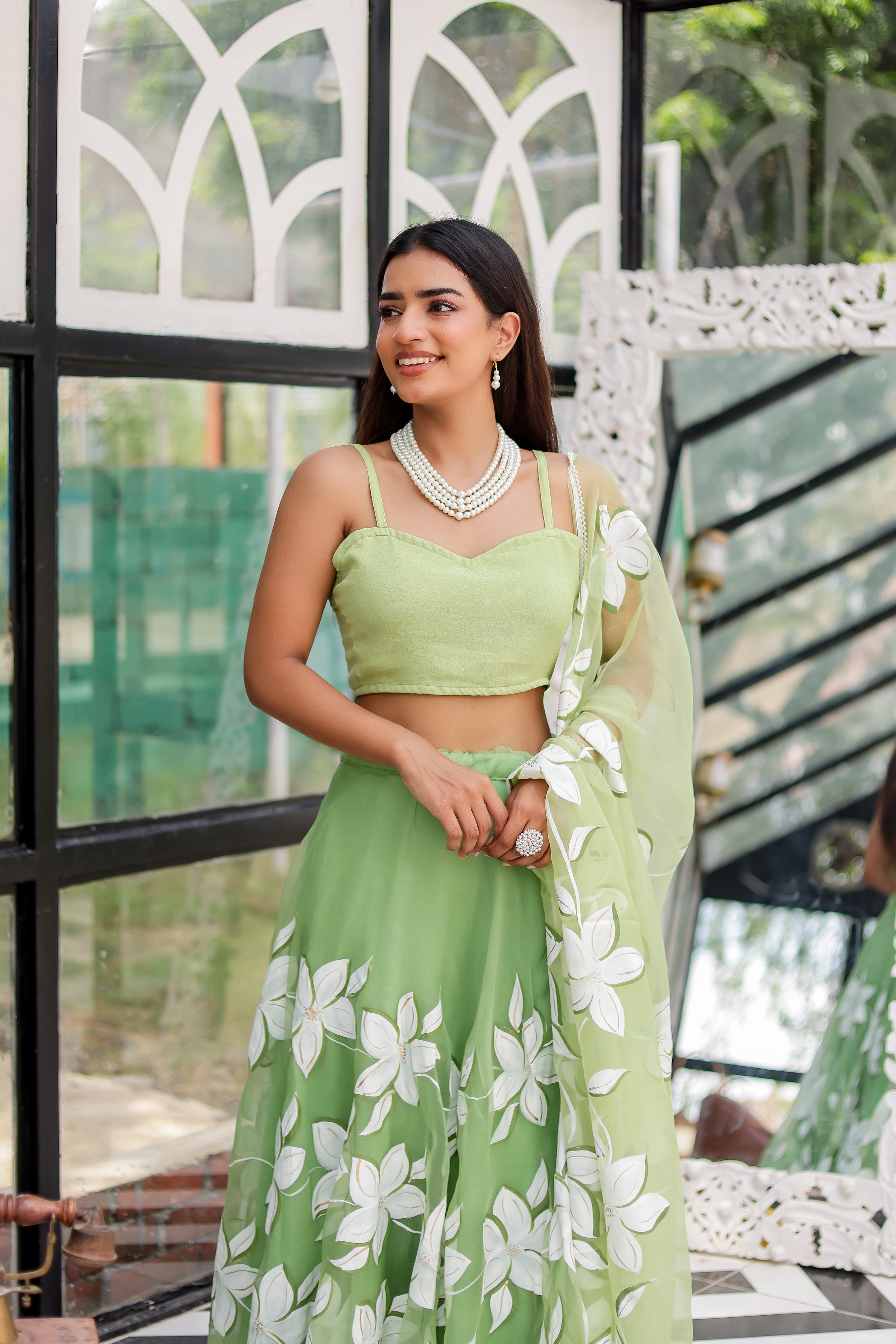 Raag Miyan ki Malhar (Handpainted Pastel Green Pure Organza Lehenga)