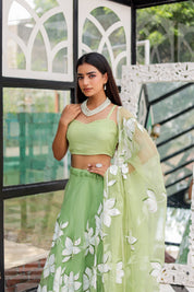 Raag Miyan ki Malhar (Handpainted Pastel Green Pure Organza Lehenga)