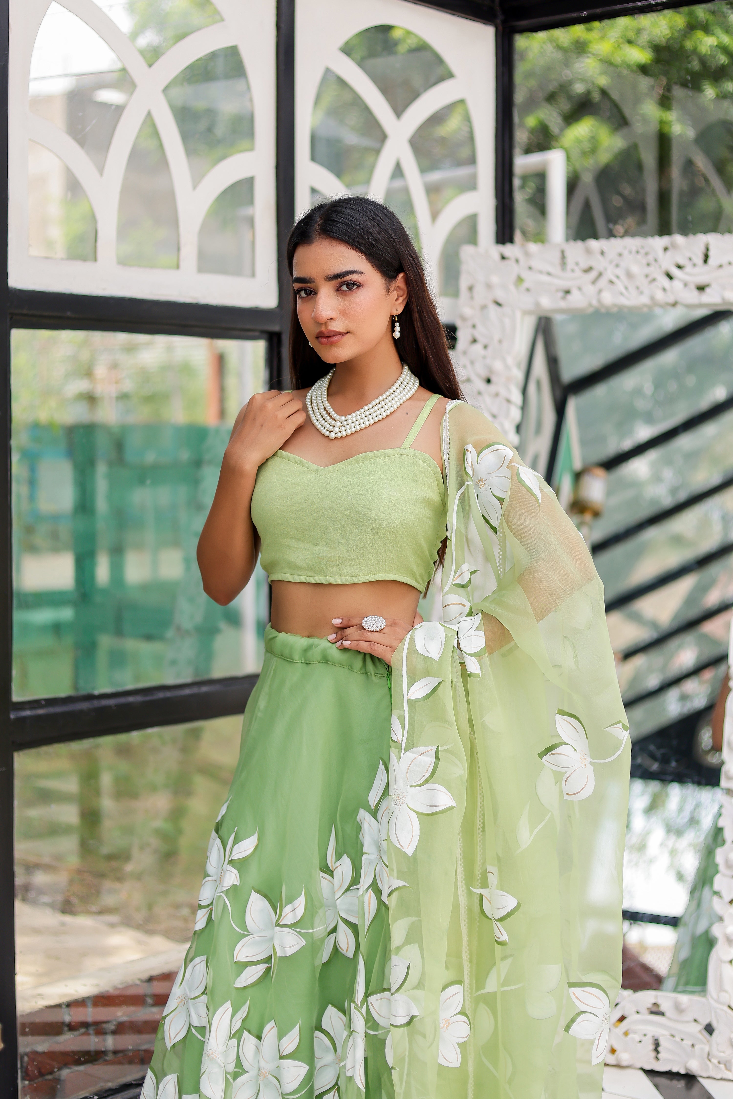Raag Miyan ki Malhar (Handpainted Pastel Green Pure Organza Lehenga)