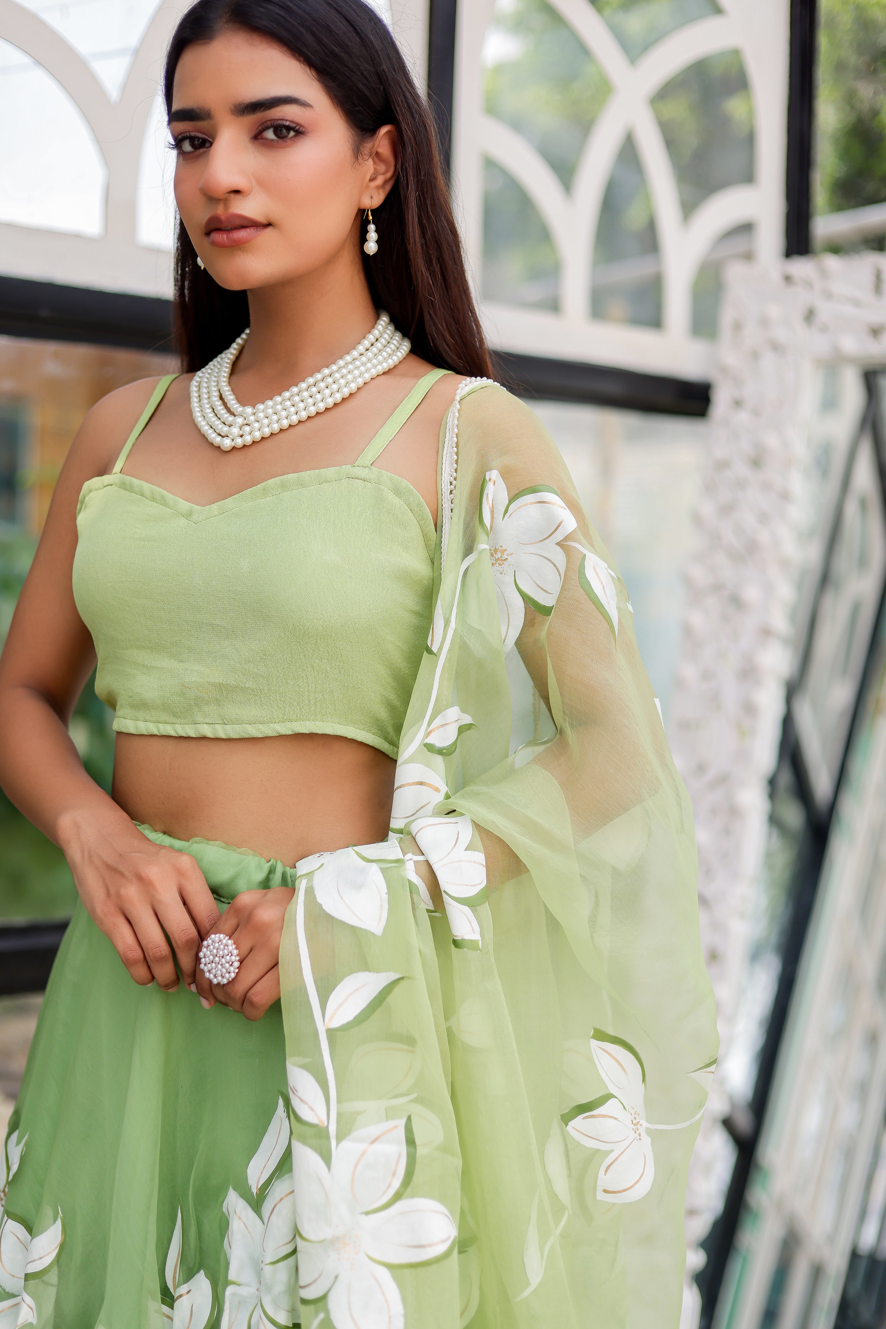 Raag Miyan ki Malhar (Handpainted Pastel Green Pure Organza Lehenga)