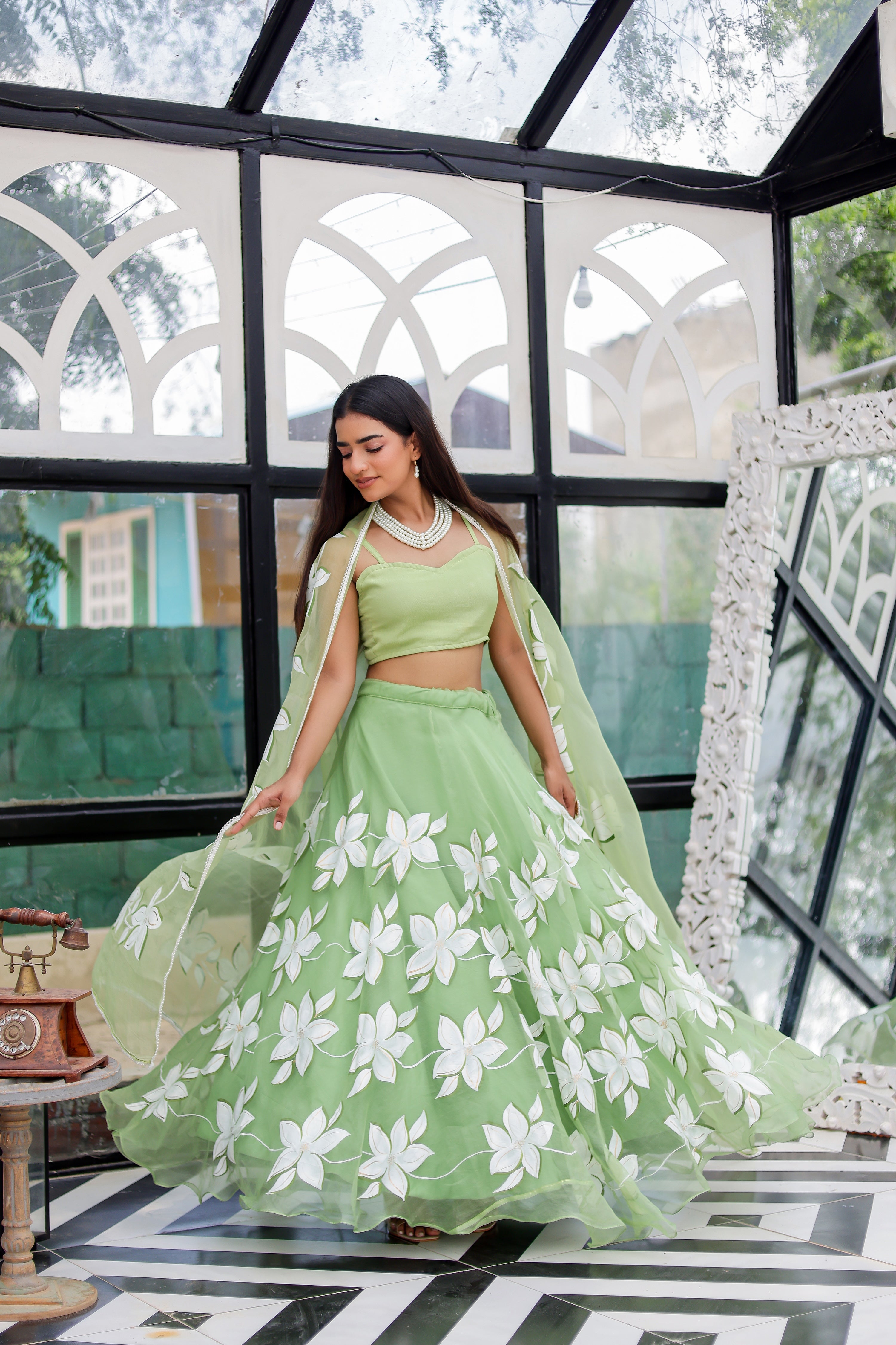 Raag Miyan ki Malhar (Handpainted Pastel Green Pure Organza Lehenga)