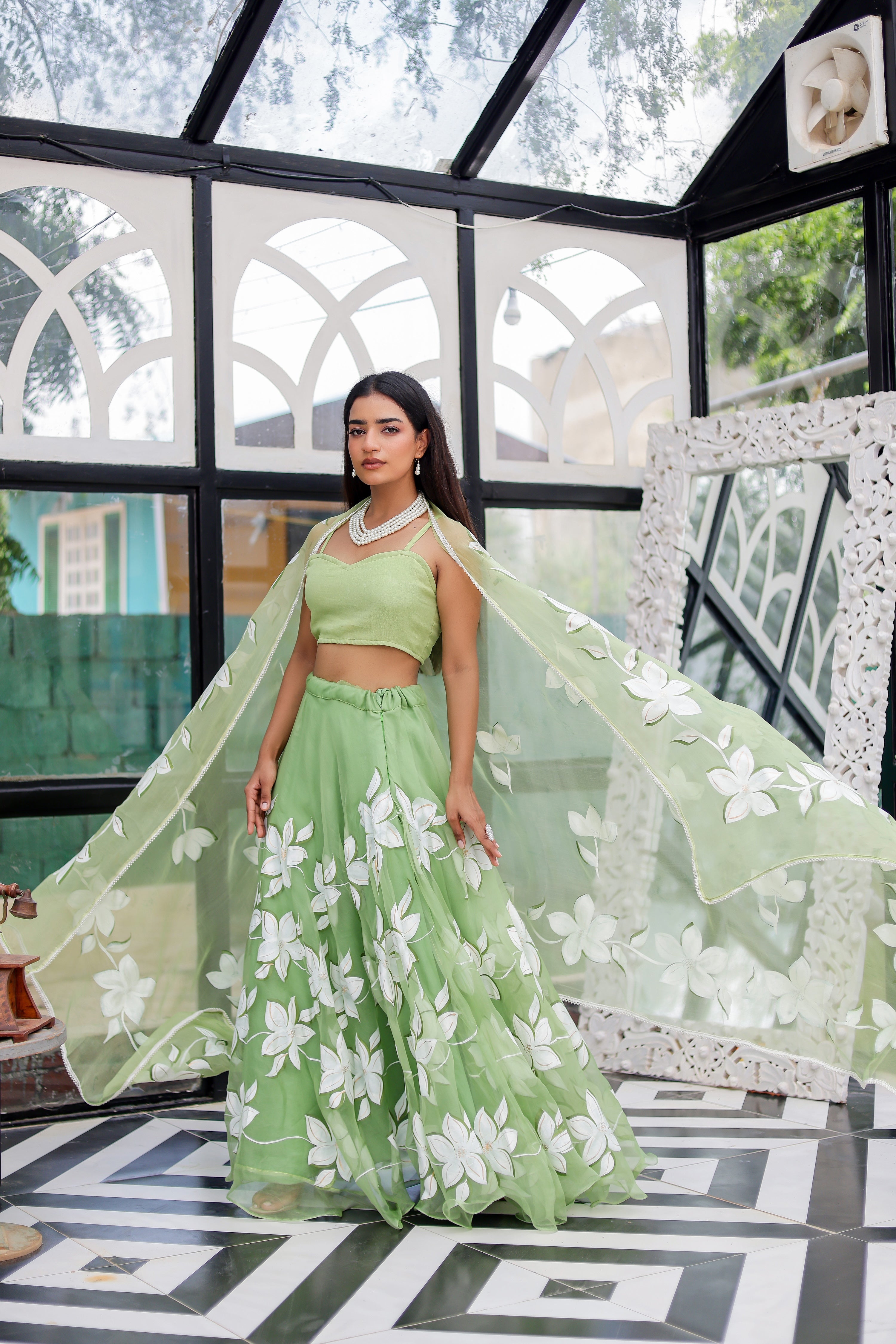 Raag Miyan ki Malhar (Handpainted Pastel Green Pure Organza Lehenga)
