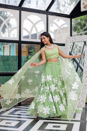 Raag Miyan ki Malhar (Handpainted Pastel Green Pure Organza Lehenga)