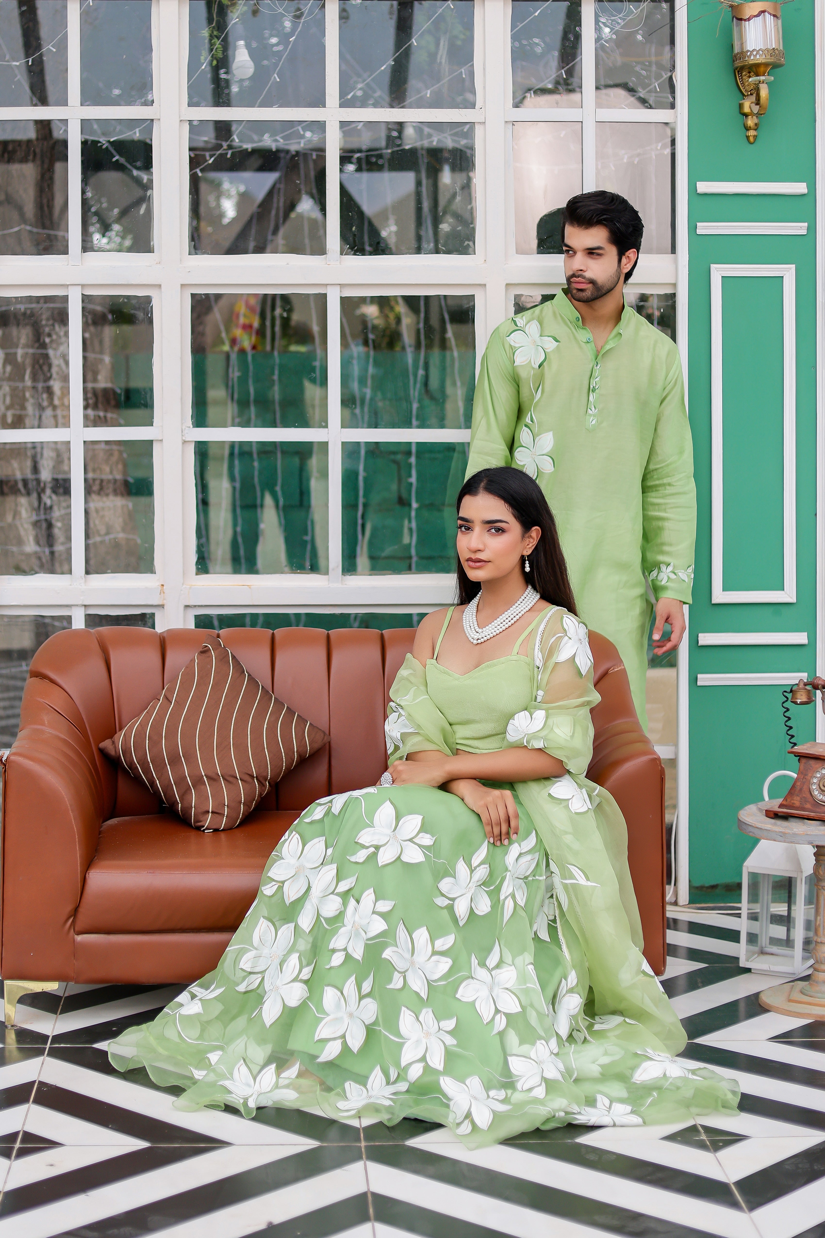 Pastel Green Handpainted Twinning Set for Him & Her
