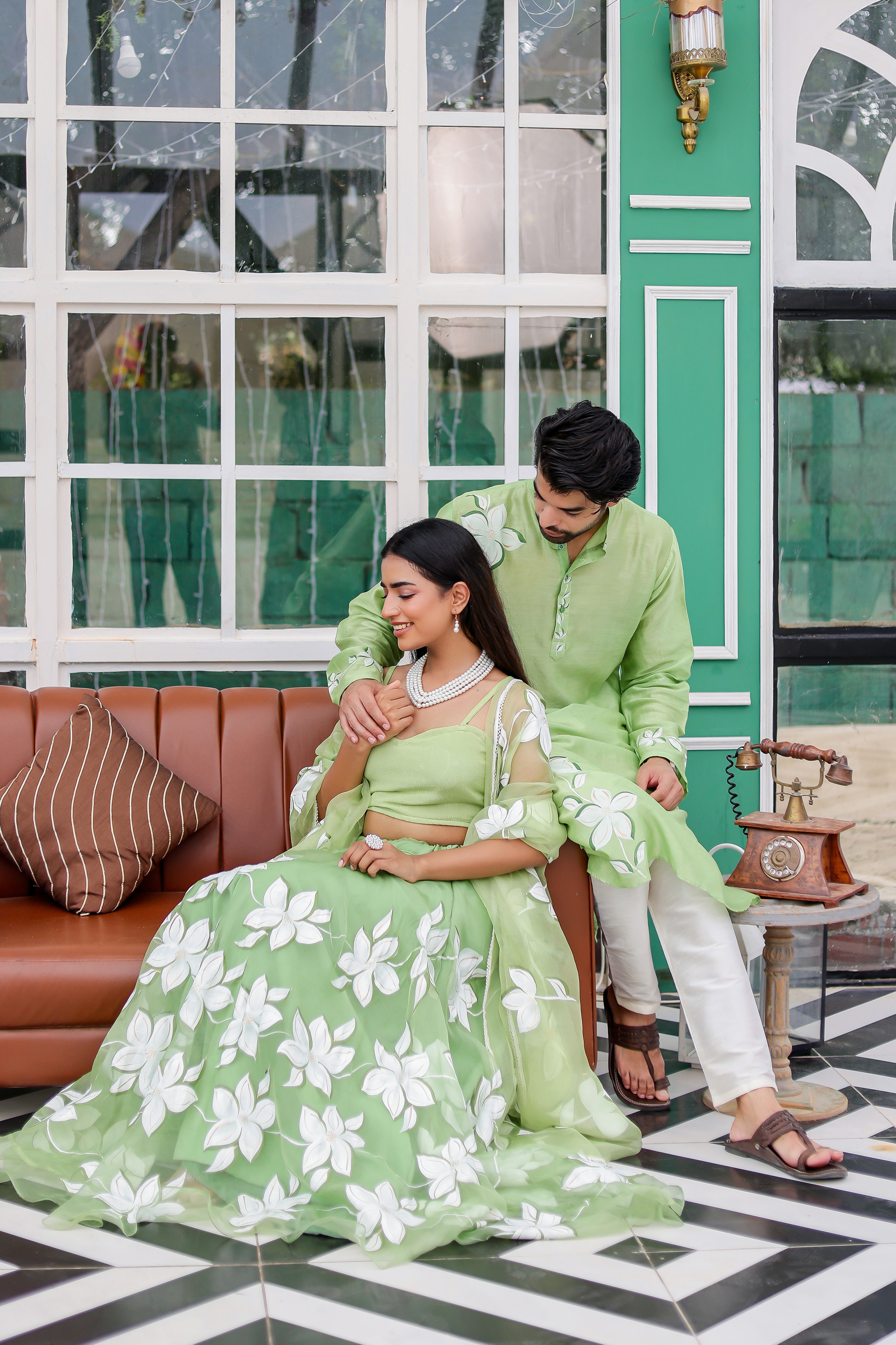 Pastel Green Handpainted Twinning Set for Him & Her