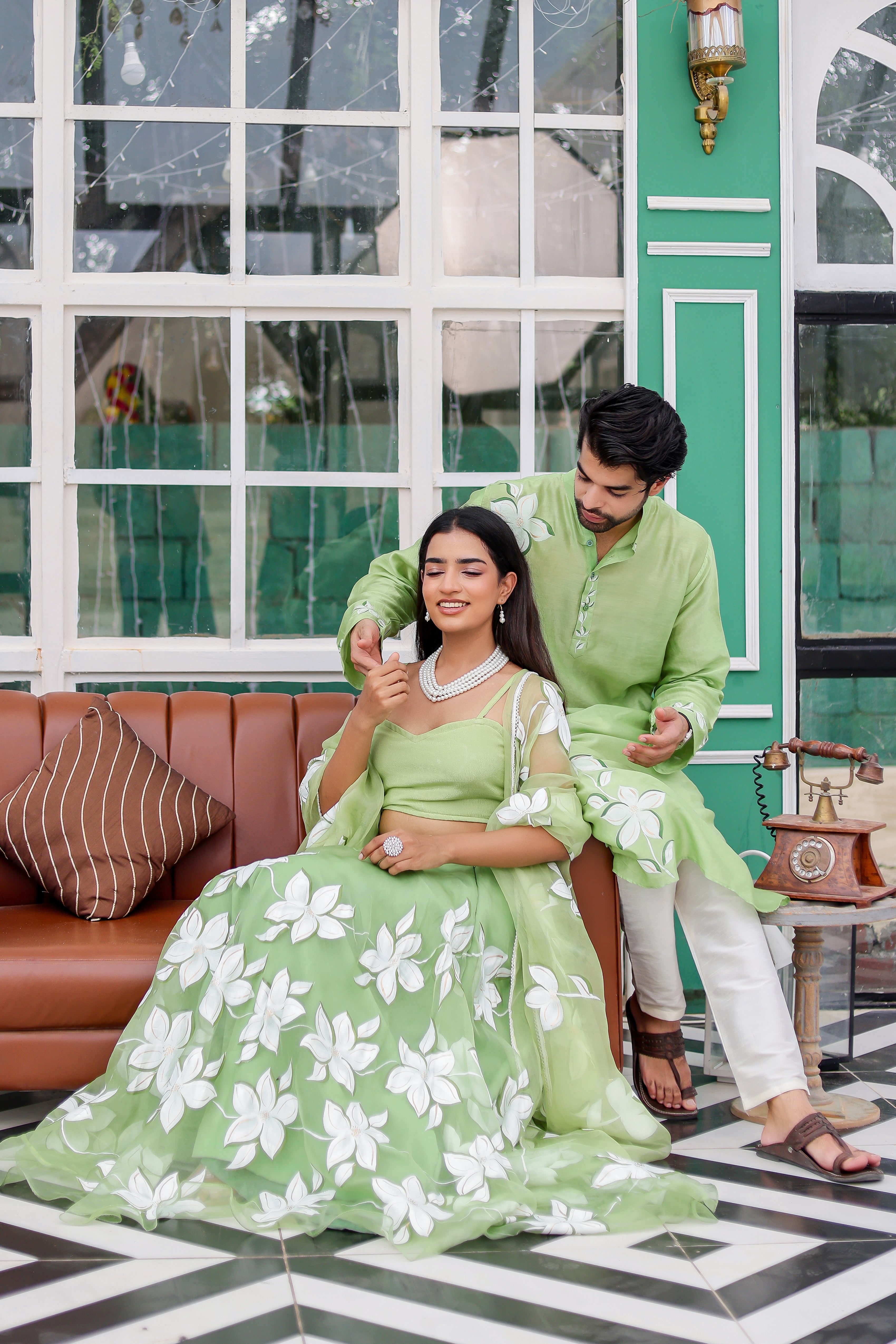 Pastel Green Handpainted Twinning Set for Him & Her