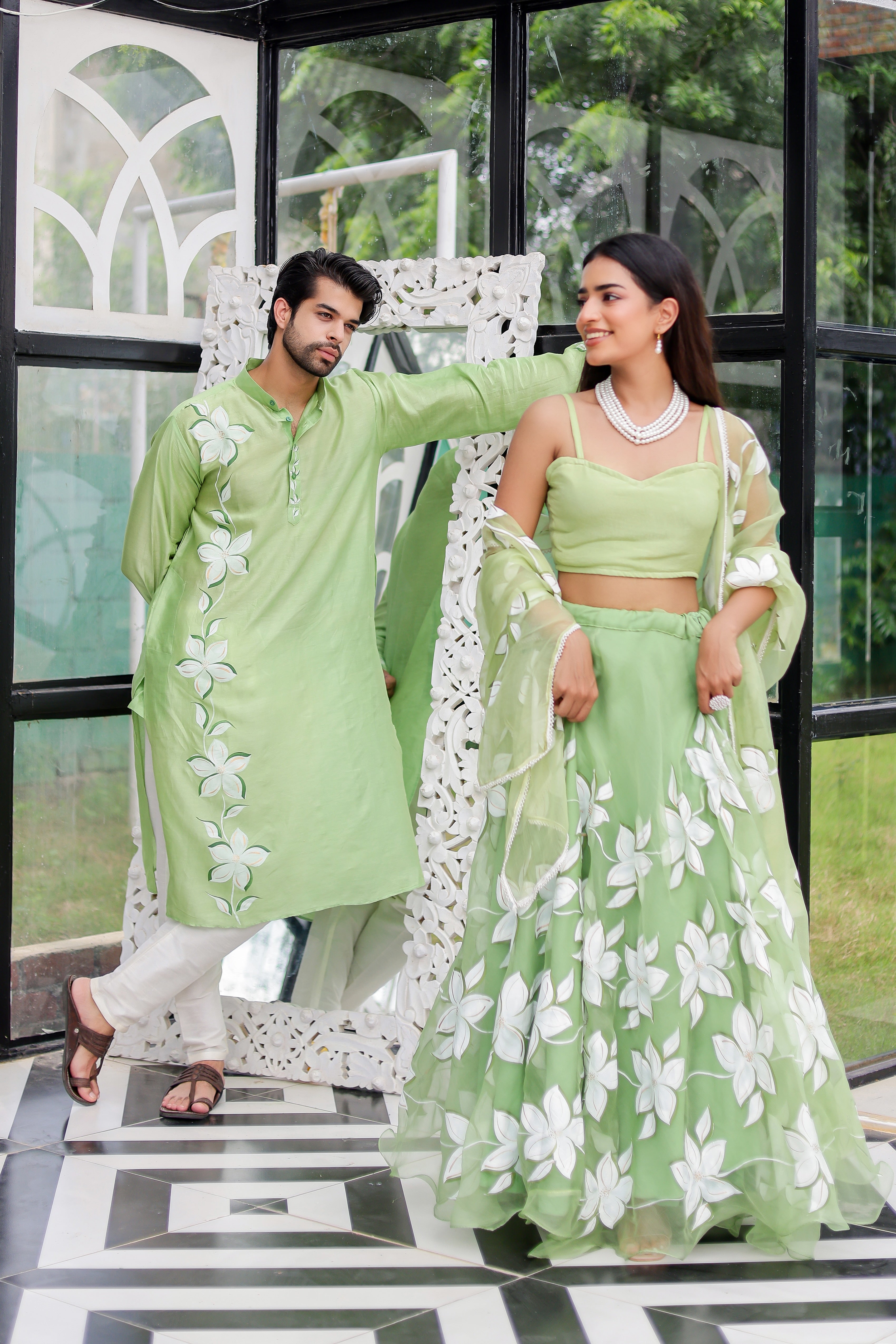 Pastel Green Handpainted Twinning Set for Him & Her