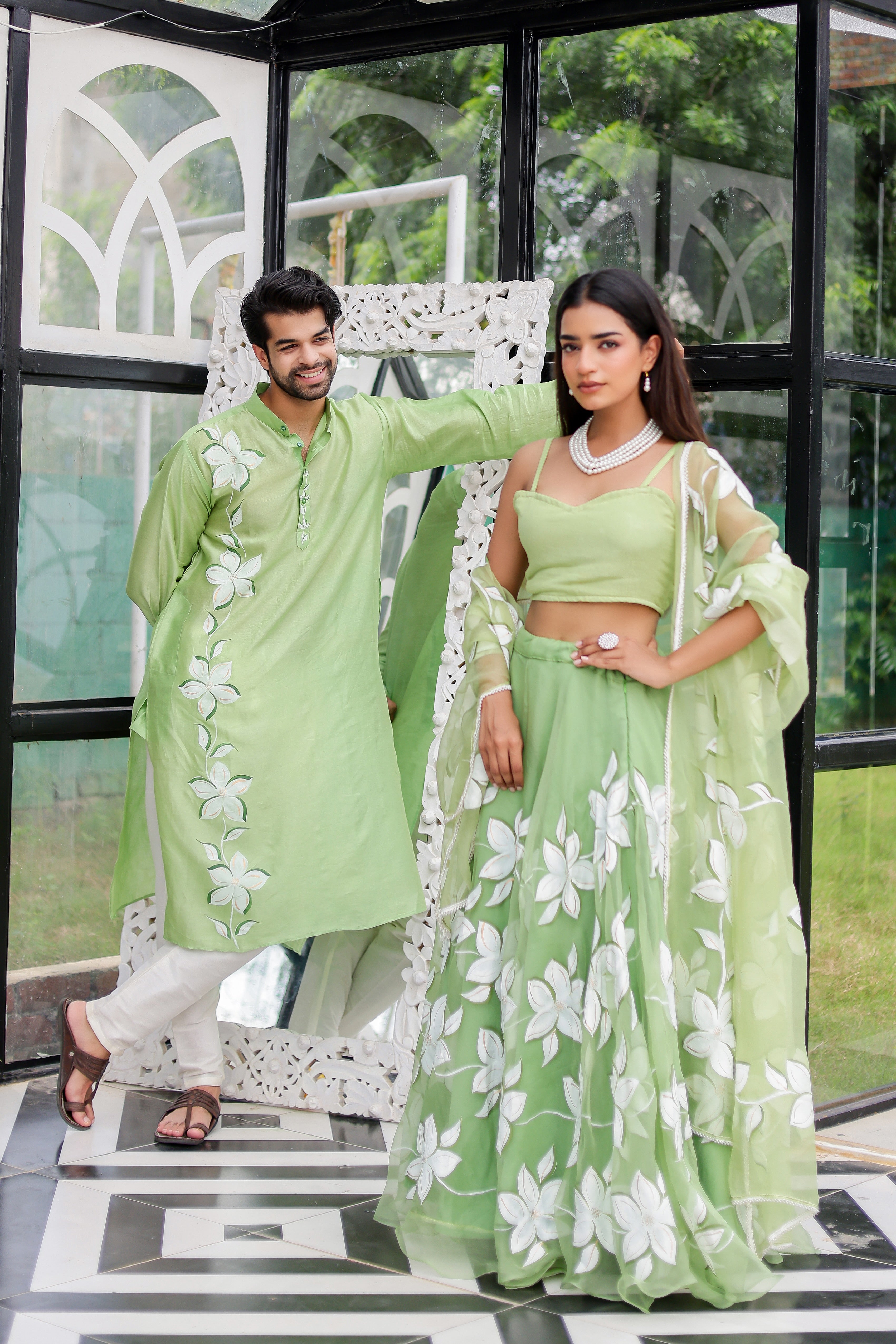 Pastel Green Handpainted Twinning Set for Him & Her