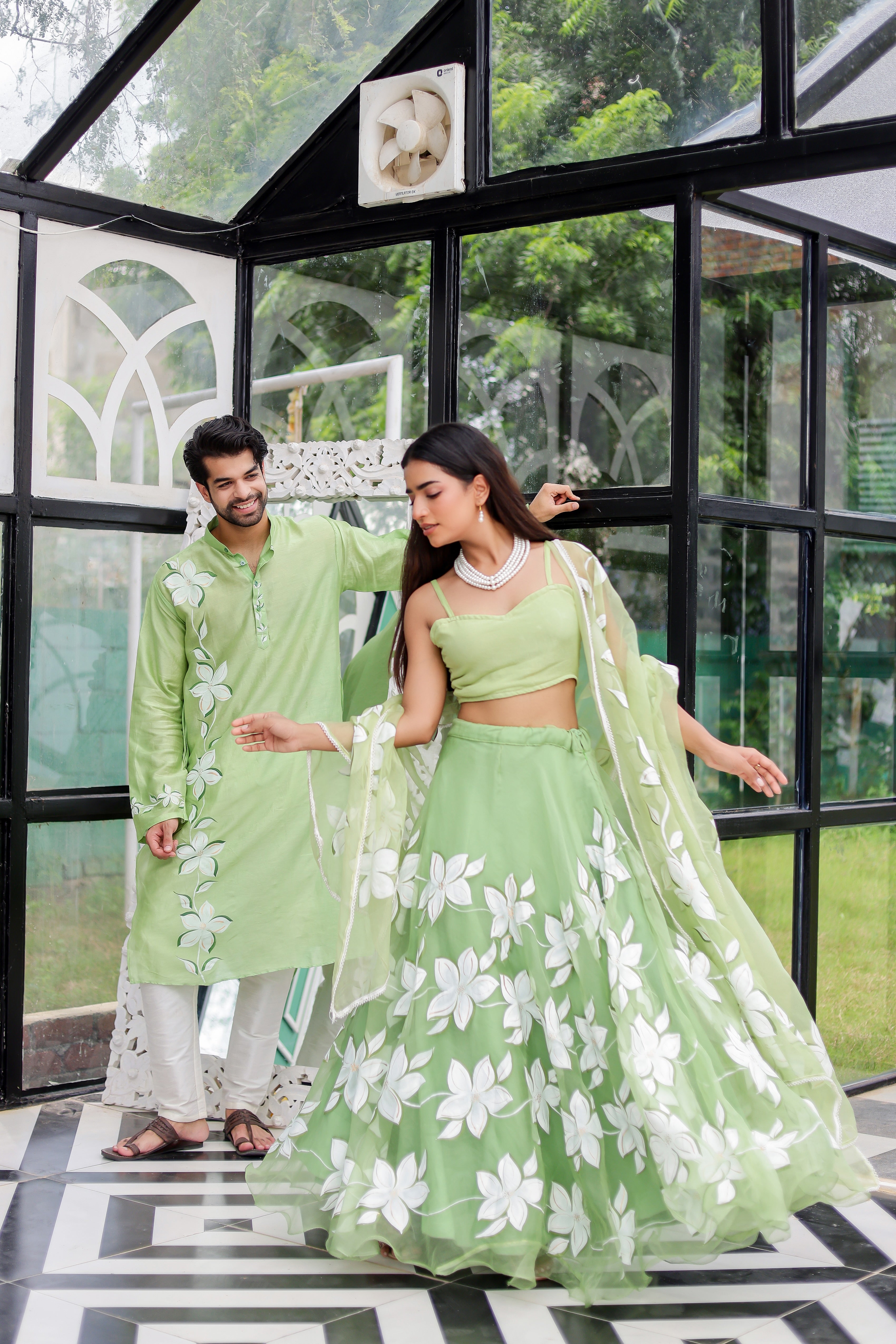 Pastel Green Handpainted Twinning Set for Him & Her