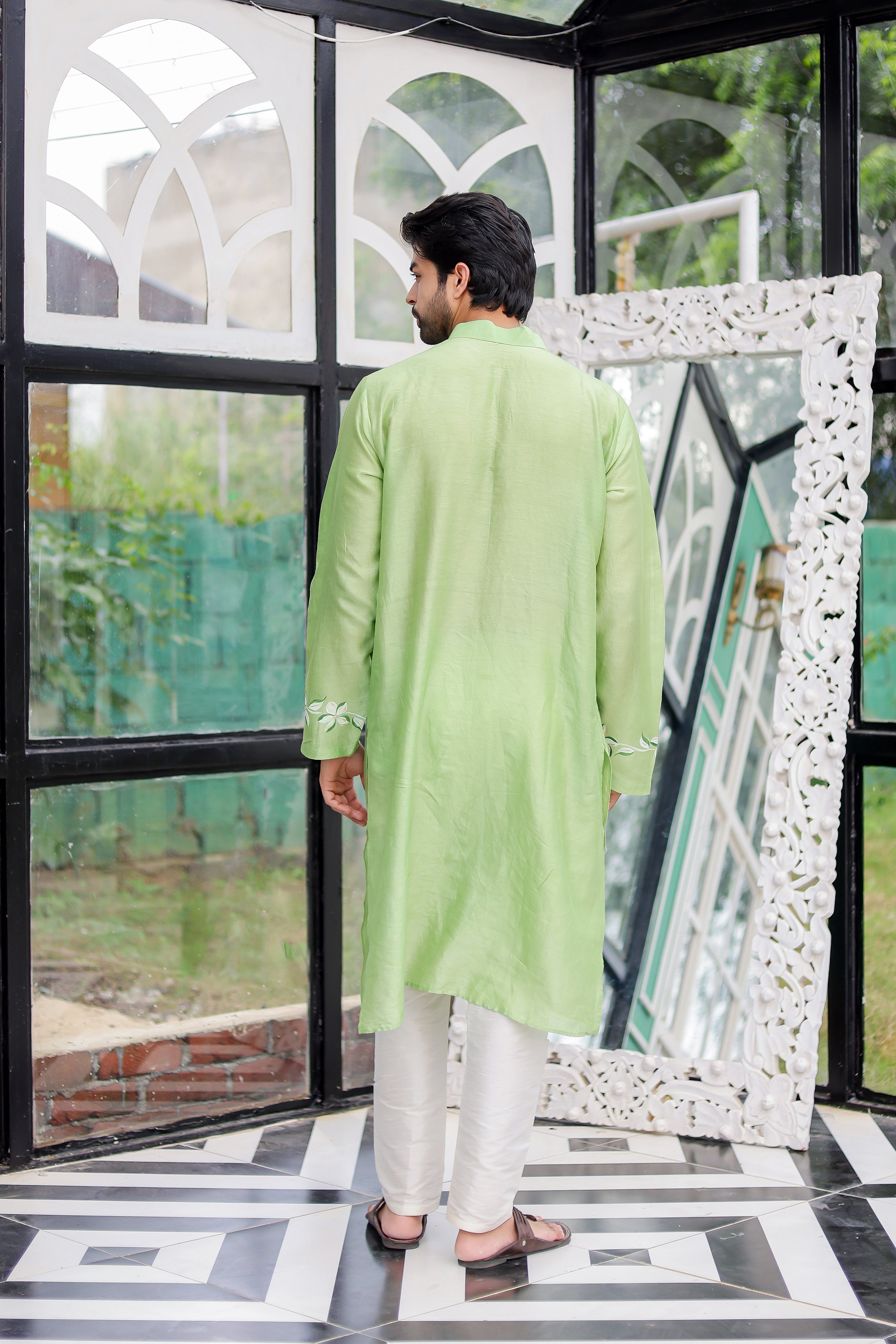 Mint Meadow Kurta (Handpainted Green Cotton Silk Kurta)