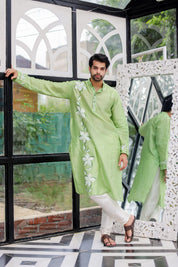 Mint Meadow Kurta (Handpainted Green Cotton Silk Kurta)