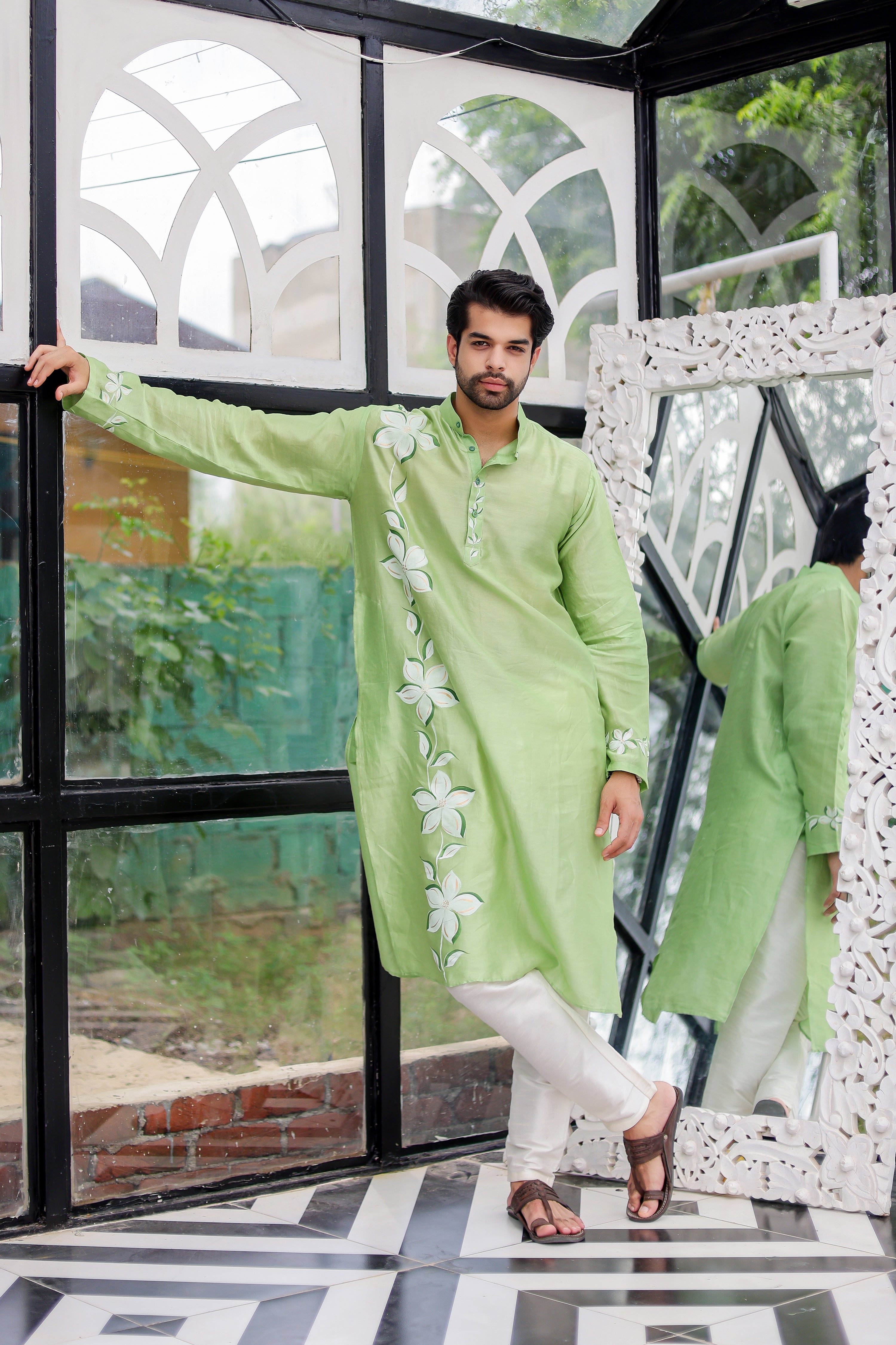 Mint Meadow Kurta (Handpainted Green Cotton Silk Kurta)
