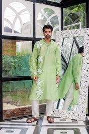 Mint Meadow Kurta (Handpainted Green Cotton Silk Kurta)