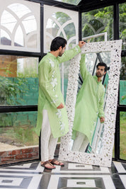 Mint Meadow Kurta (Handpainted Green Cotton Silk Kurta)
