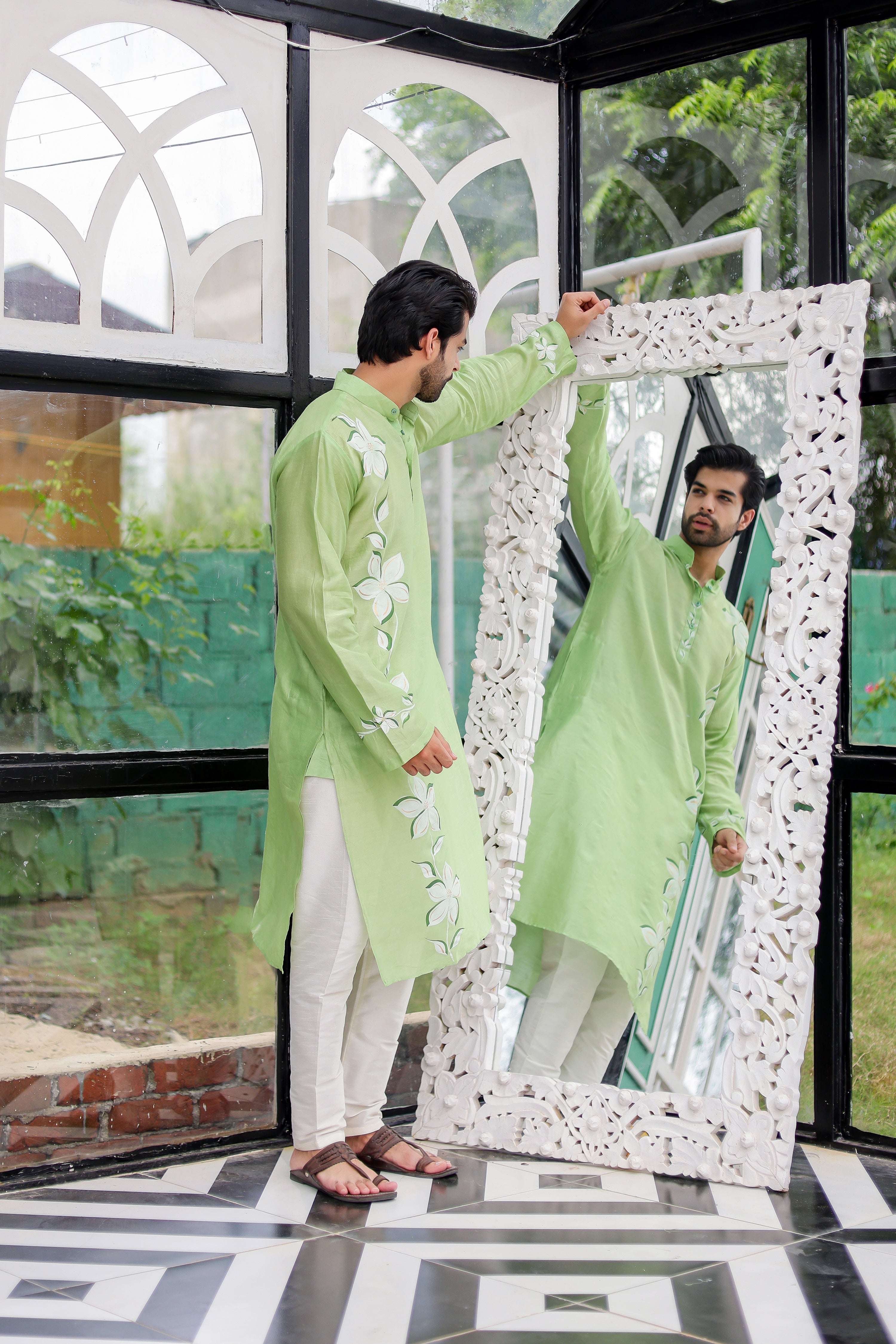 Mint Meadow Kurta (Handpainted Green Cotton Silk Kurta)