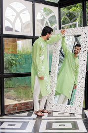 Mint Meadow Kurta (Handpainted Green Cotton Silk Kurta)