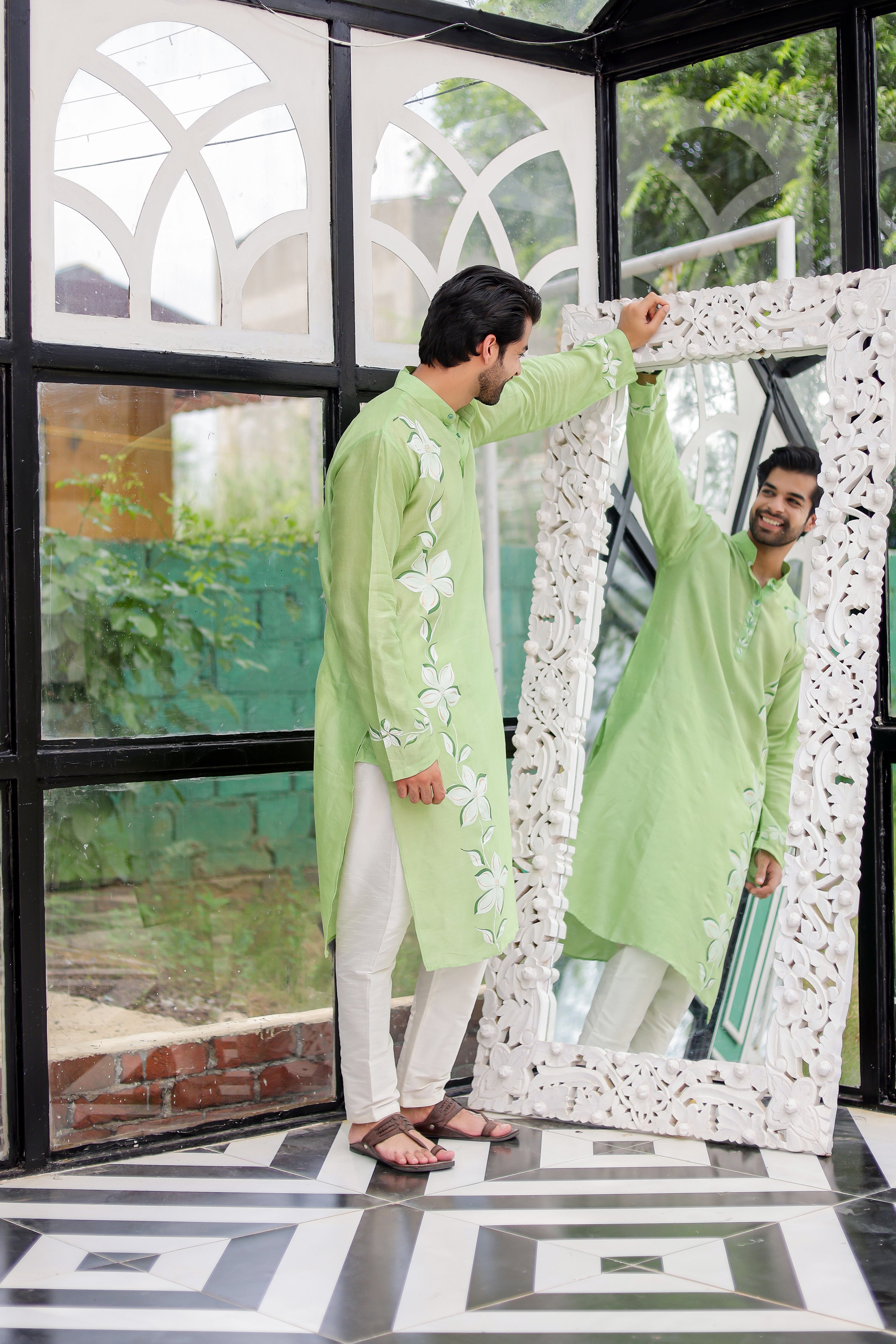 Mint Meadow Kurta (Handpainted Green Cotton Silk Kurta)