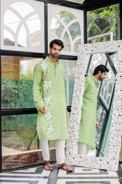 Mint Meadow Kurta (Handpainted Green Cotton Silk Kurta)