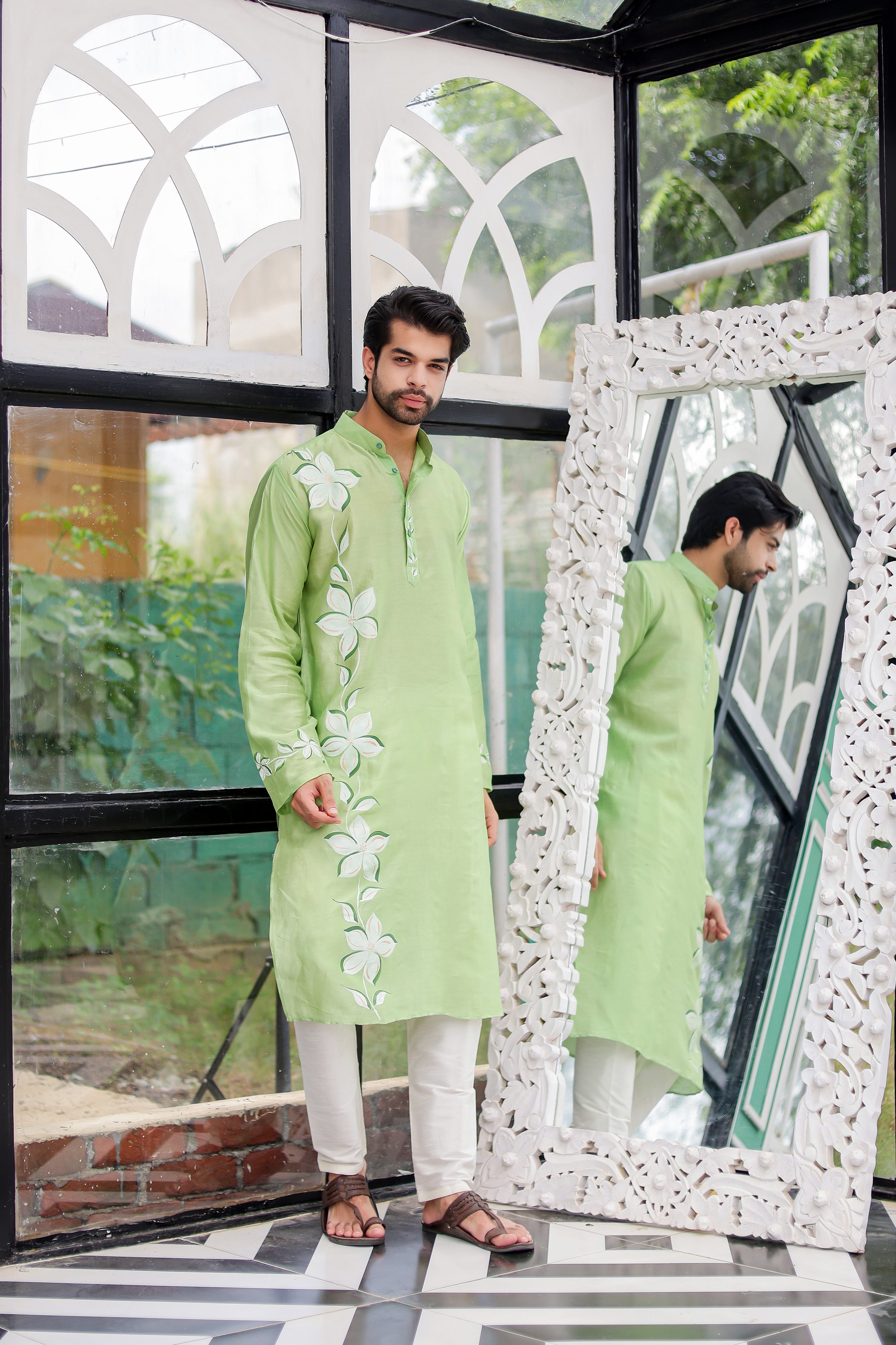 Mint Meadow Kurta (Handpainted Green Cotton Silk Kurta)