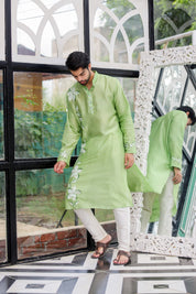 Mint Meadow Kurta (Handpainted Green Cotton Silk Kurta)