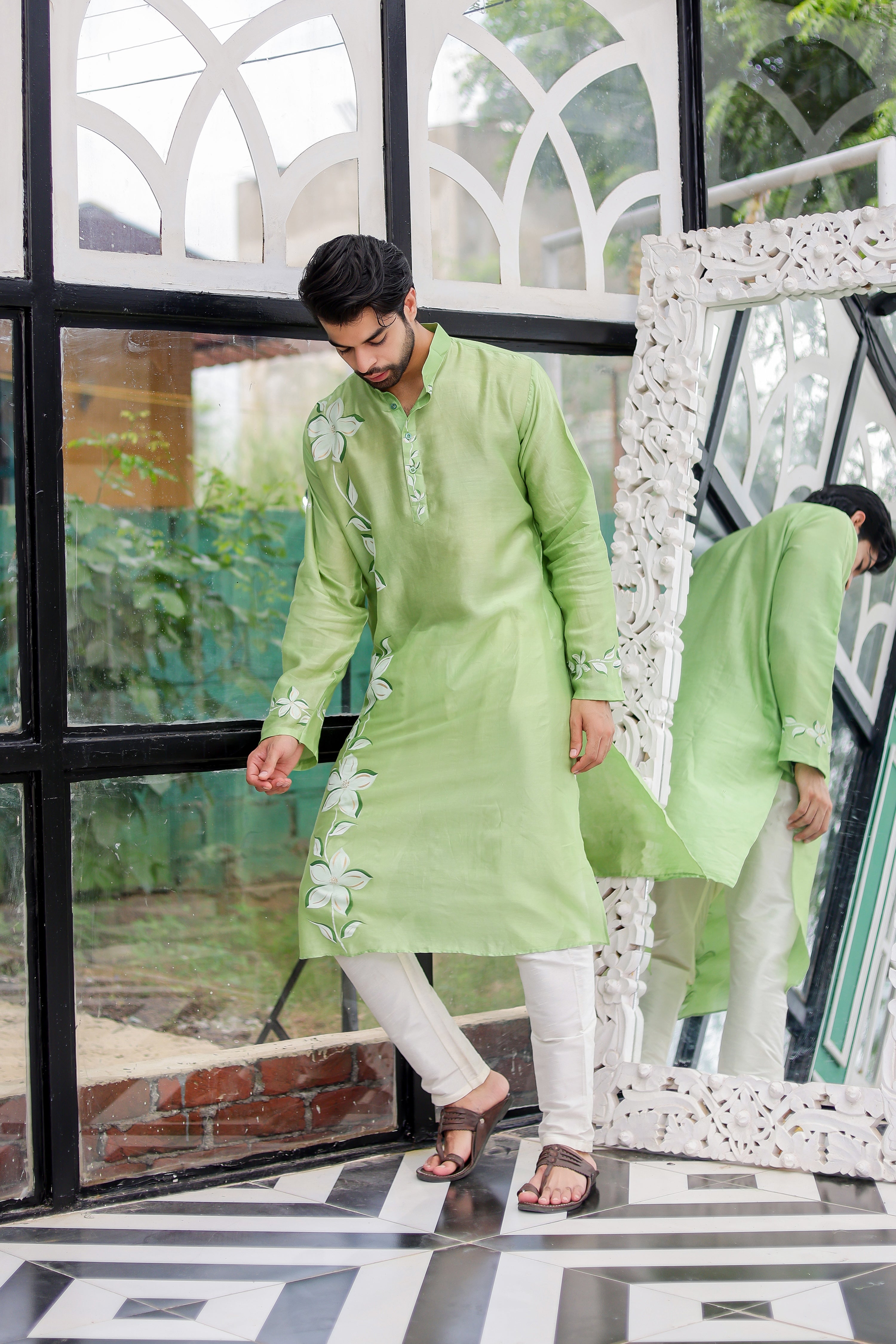 Mint Meadow Kurta (Handpainted Green Cotton Silk Kurta)