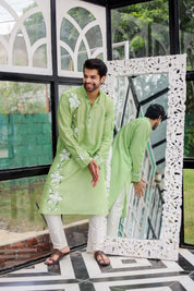 Mint Meadow Kurta (Handpainted Green Cotton Silk Kurta)