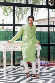 Mint Meadow Kurta (Handpainted Green Cotton Silk Kurta)
