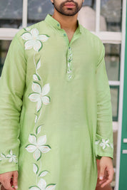 Mint Meadow Kurta (Handpainted Green Cotton Silk Kurta)
