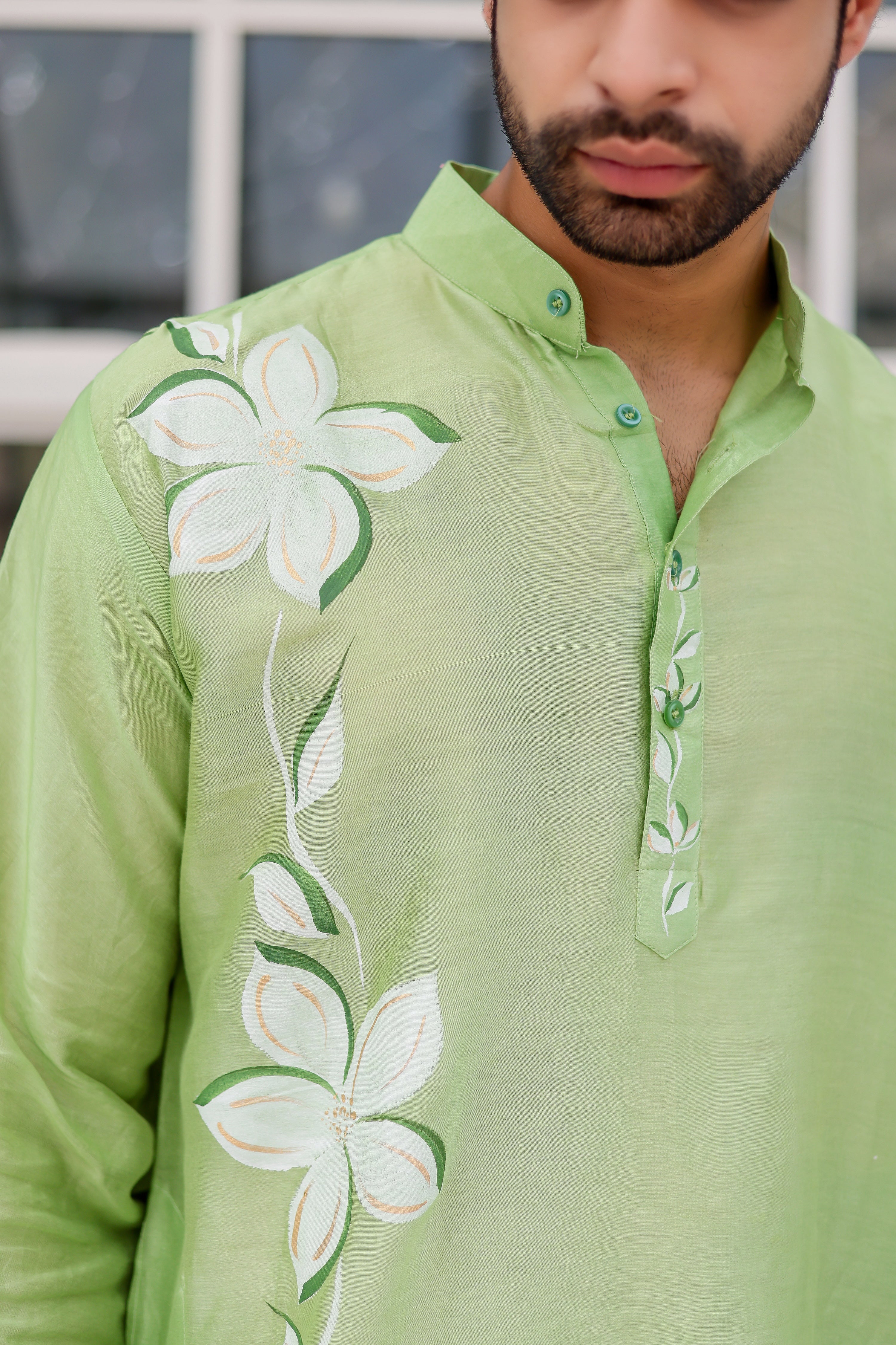 Mint Meadow Kurta (Handpainted Green Cotton Silk Kurta)
