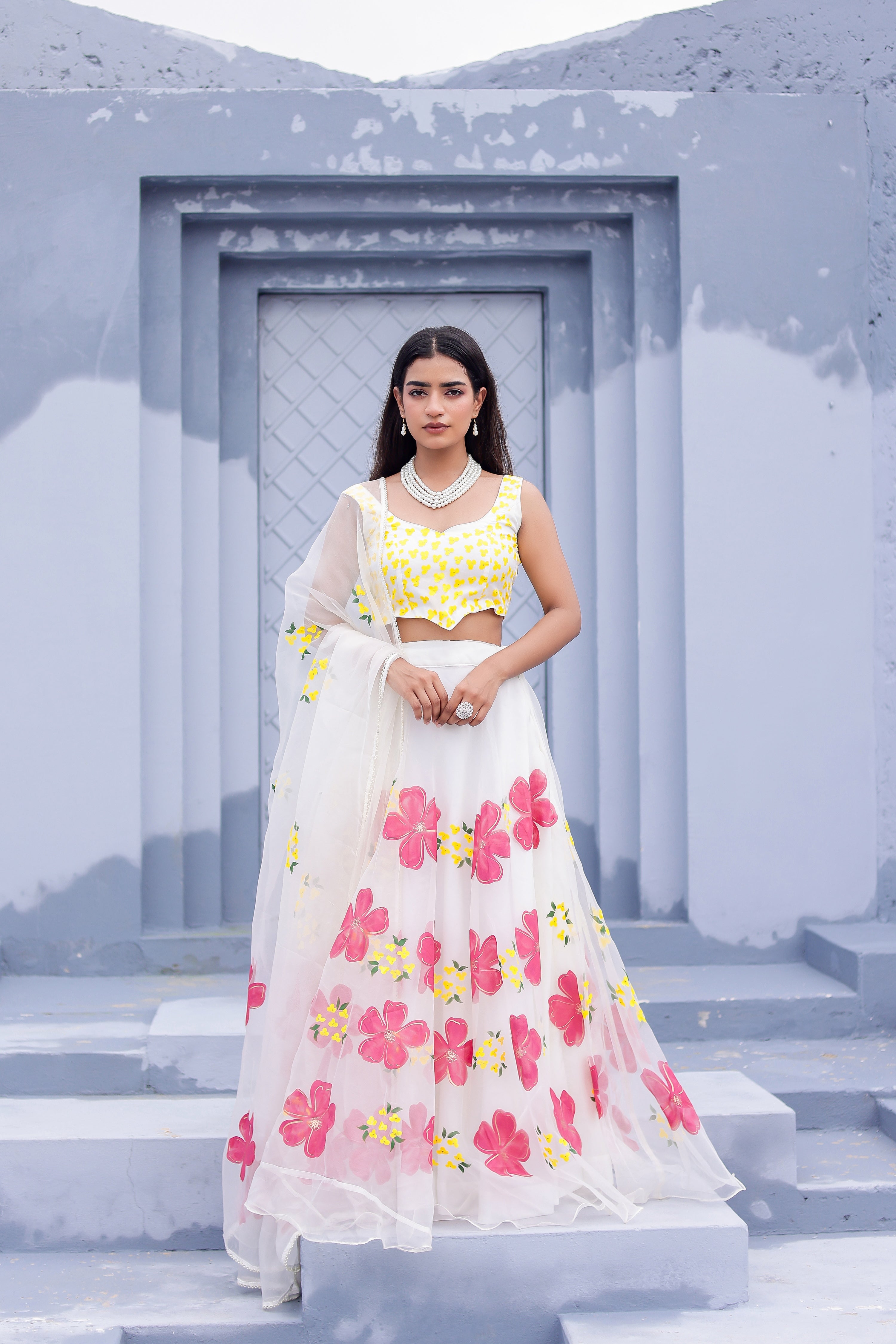 Raag Shuddh Sarang (Handpainted White Pure Organza Lehenga)