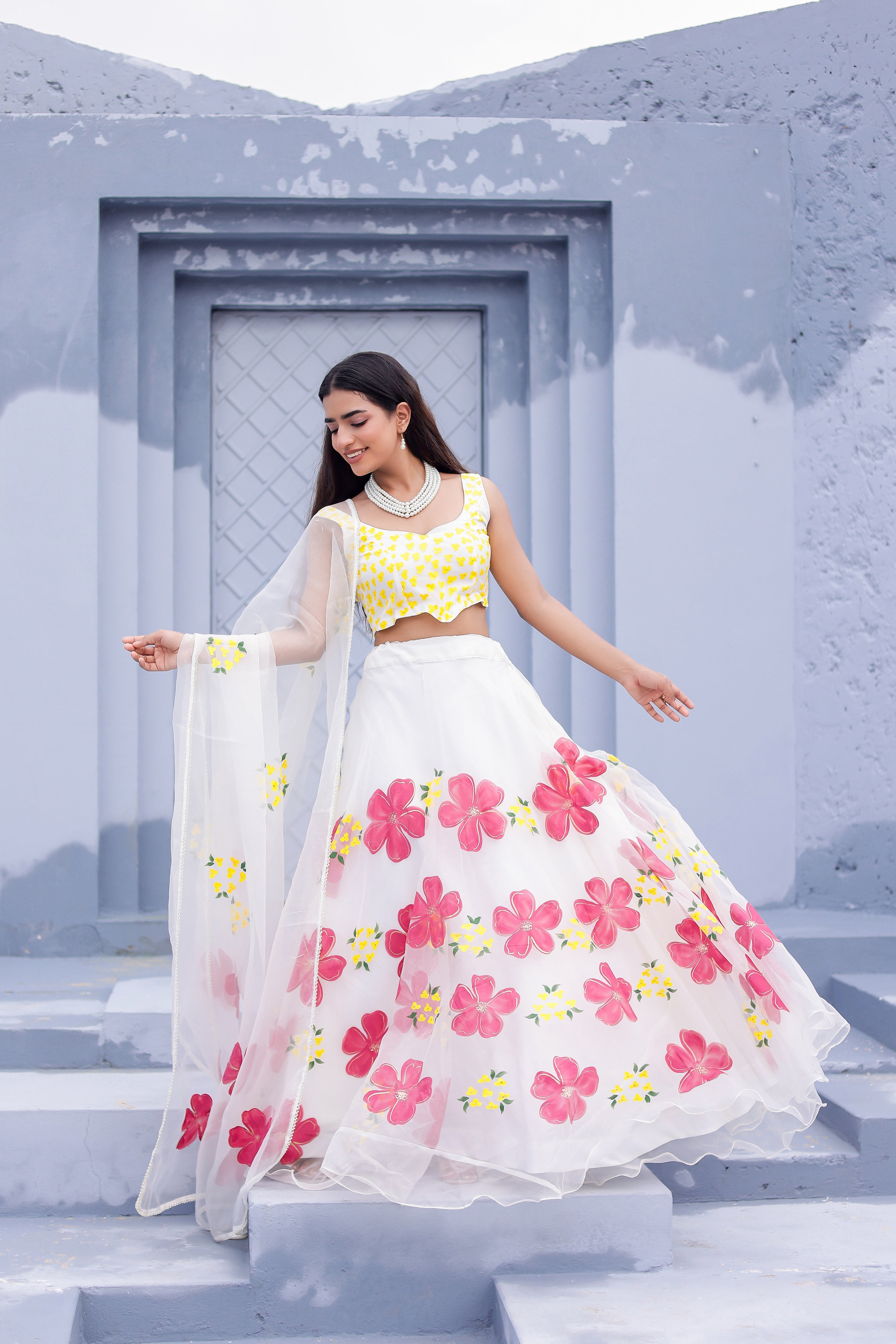 Raag Shuddh Sarang (Handpainted White Pure Organza Lehenga)