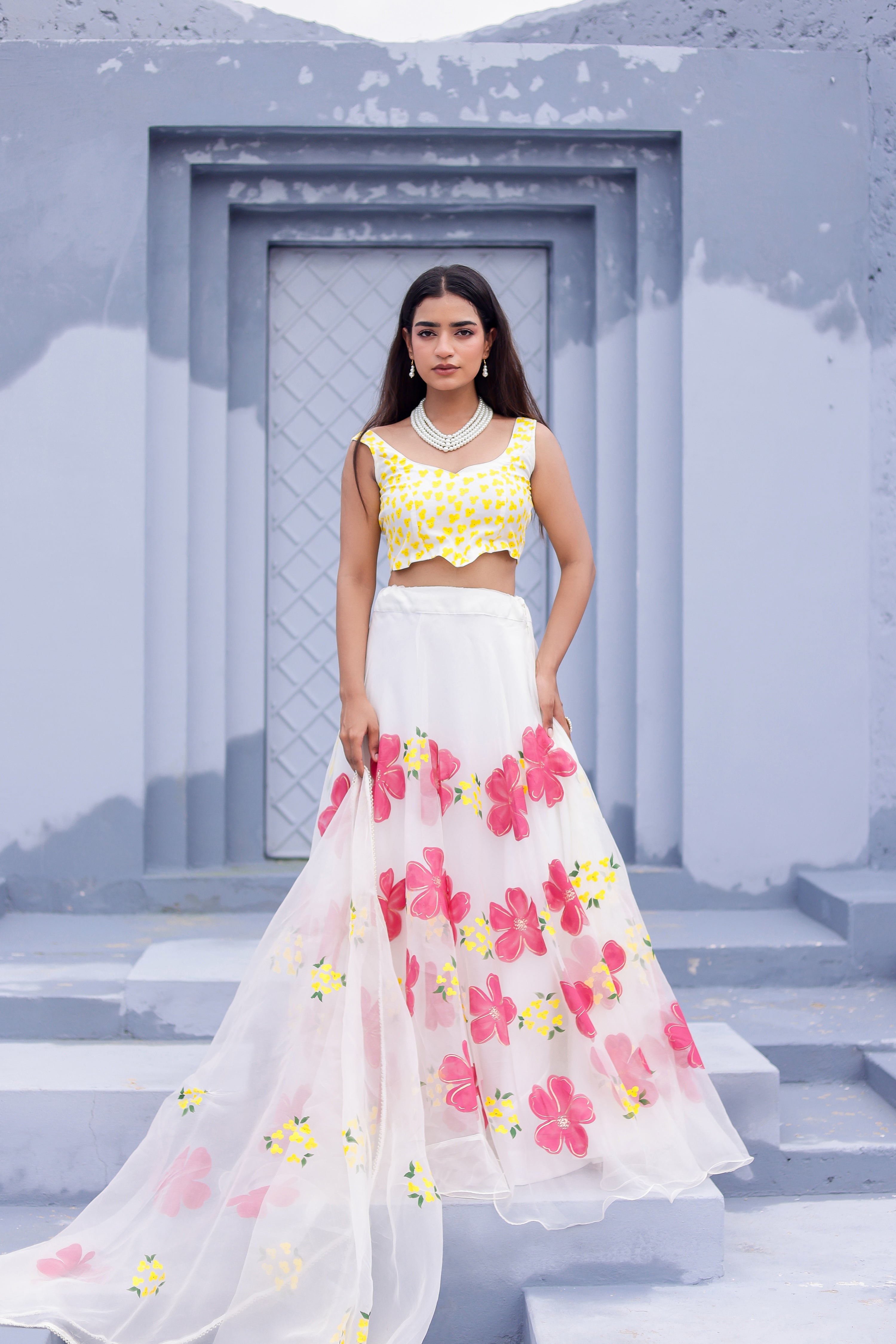 Raag Shuddh Sarang (Handpainted White Pure Organza Lehenga)